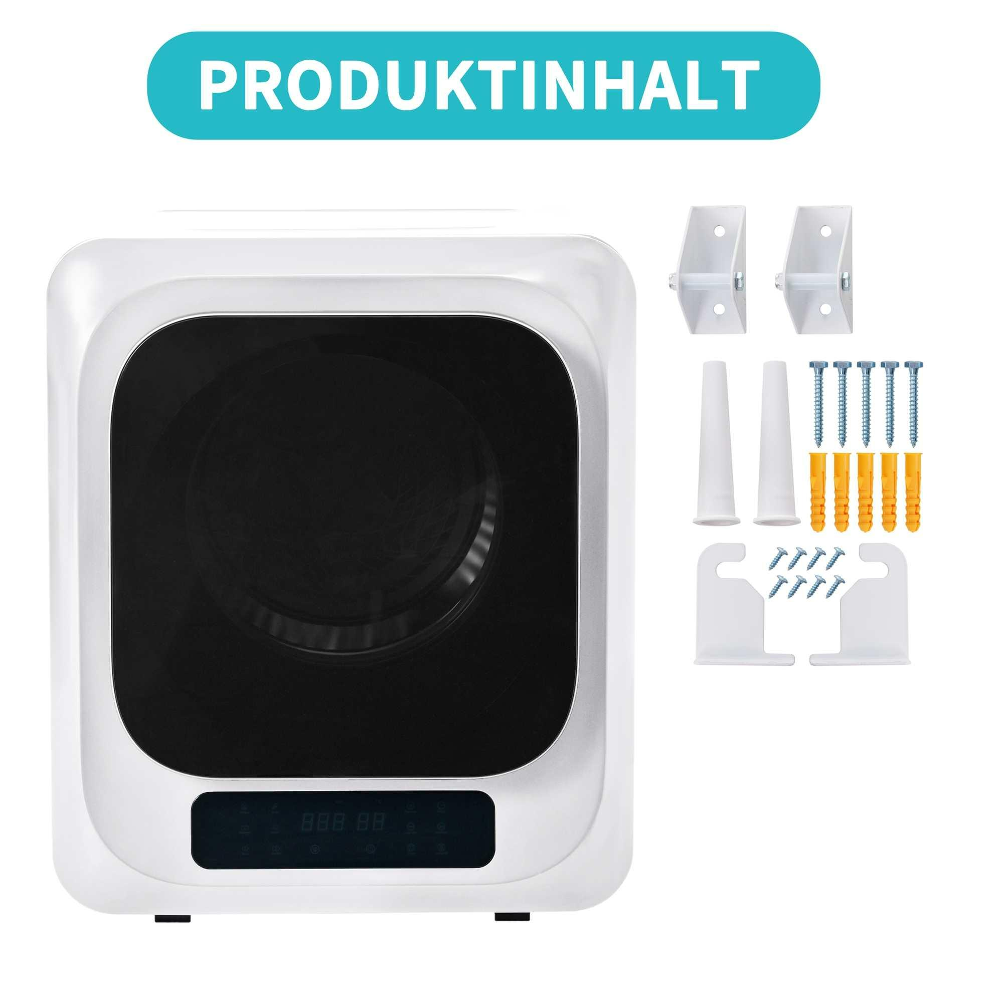 Weißer Elektroheizer mit schwarzem Zentrum und Display. Zubehör: Montagehalterungen, Schrauben und Wanddübel.