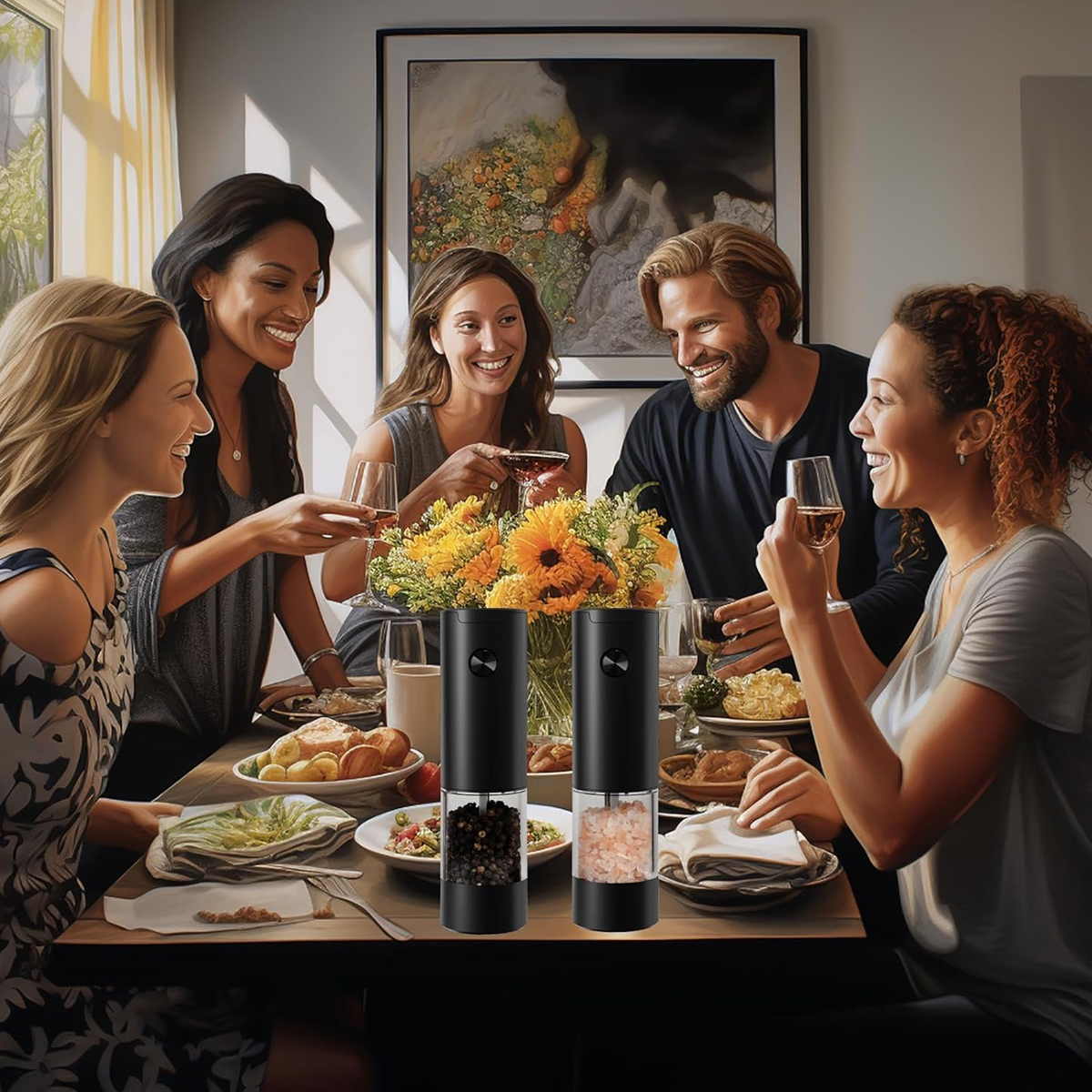 Eine Gruppe von sechs Personen sitzt an einem Tisch, genießt eine Mahlzeit und Getränke. Zwei elektrische Salz- und Pfeffermühlen stehen auf dem Tisch.