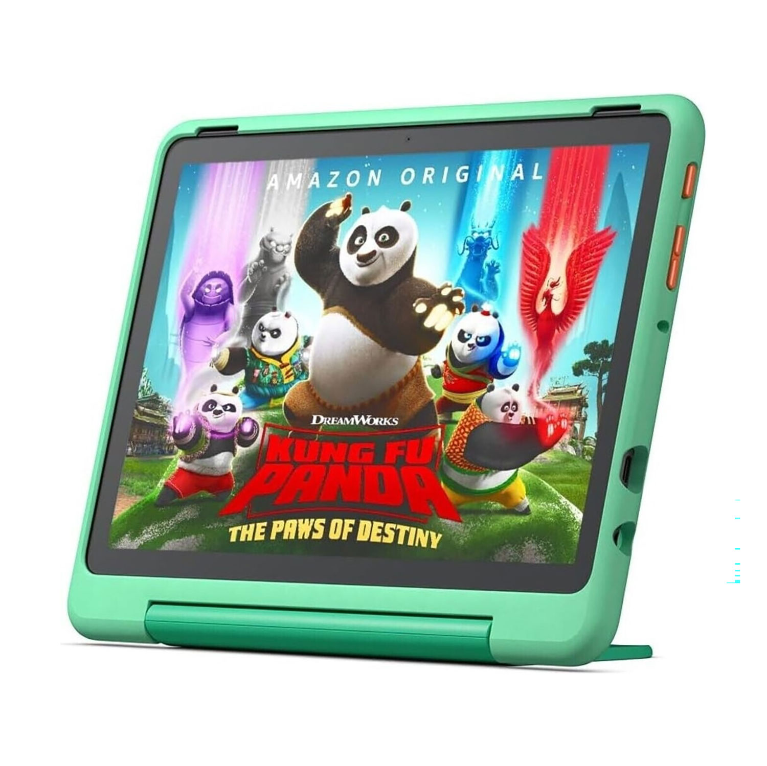 Tablet mit Kung-Fu-Panda-Figuren. Es ist in einem grünen Gehäuse. Der Bildschirm zeigt den Filmtitel.
