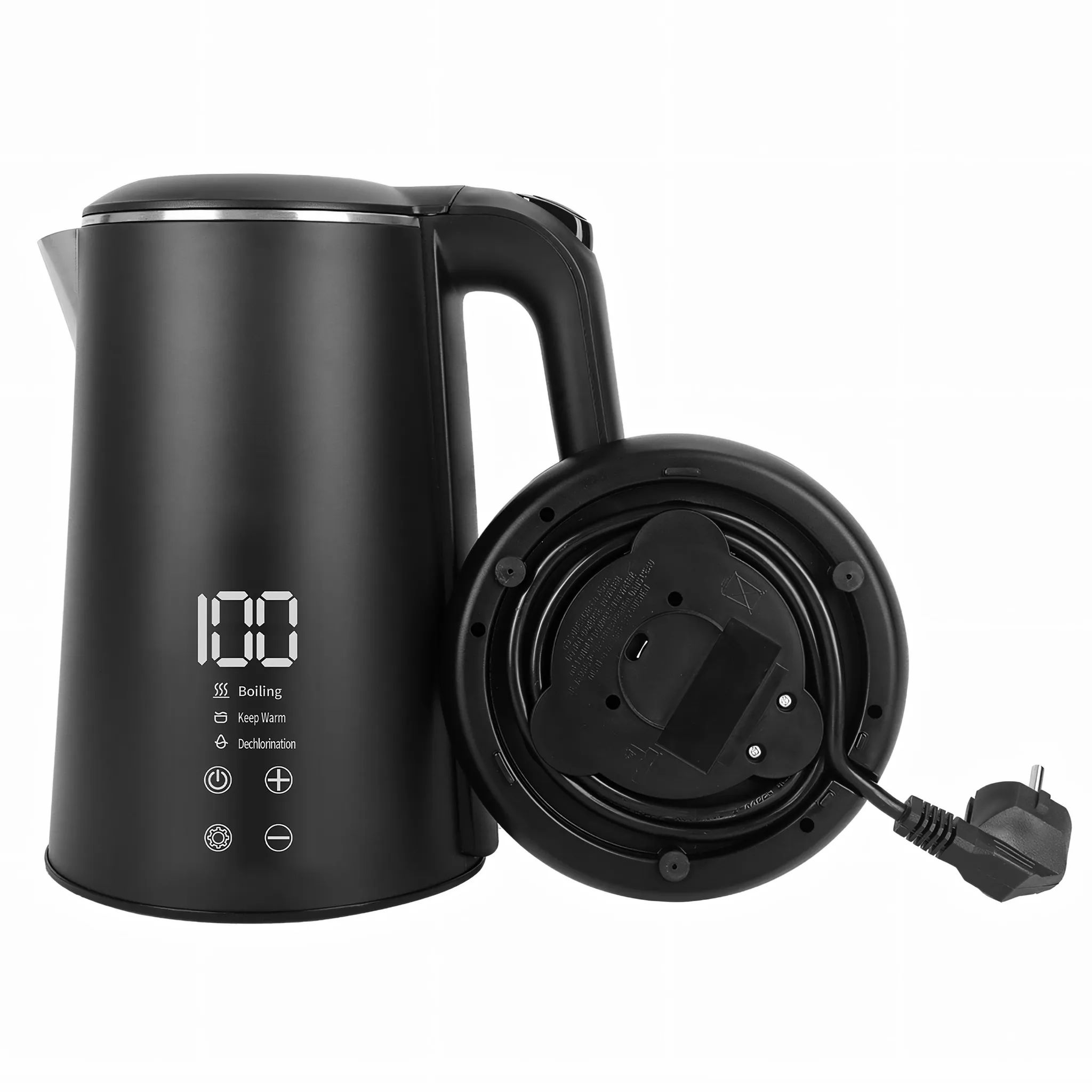 Ein schwarzer Wasserkocher mit abgenommener Basis. Der Wasserkocher hat eine Digitalanzeige mit der Zahl 100. Ein Netzkabel ist angeschlossen.
