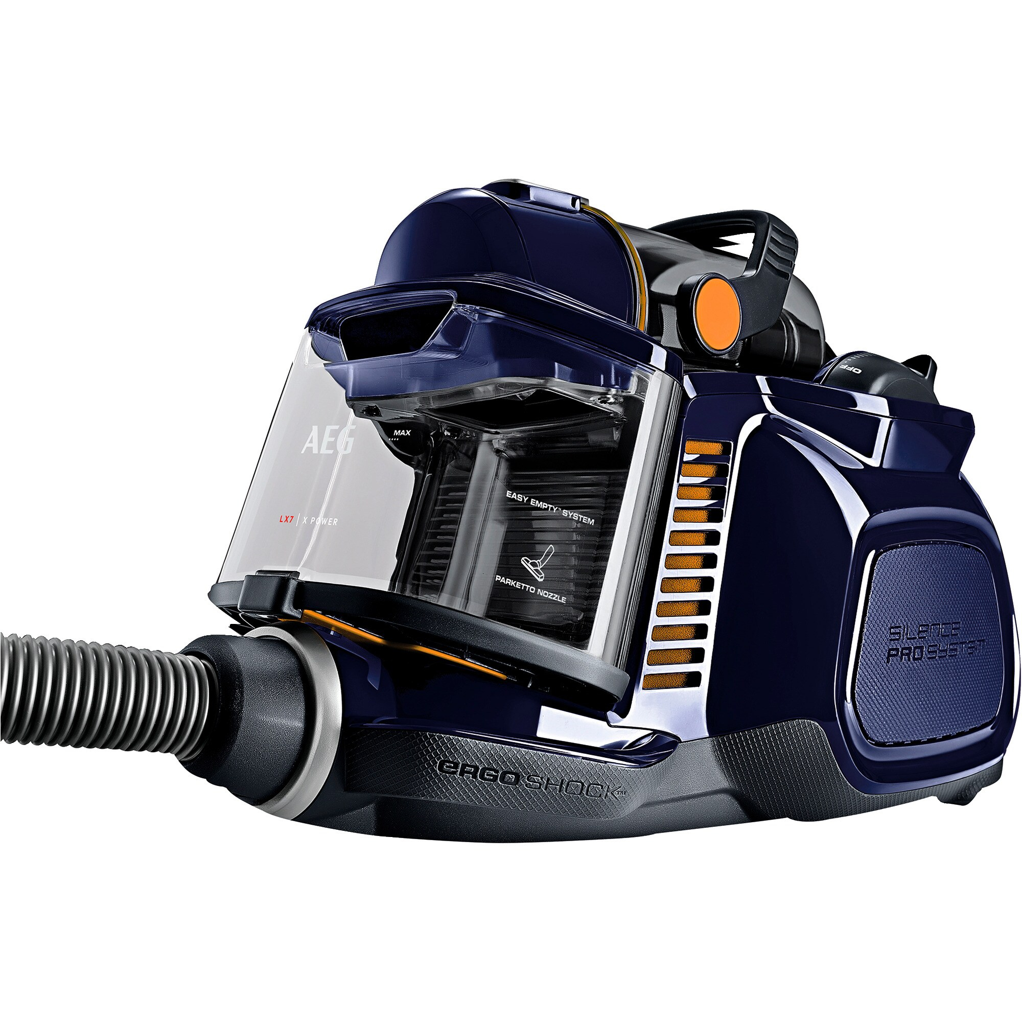 Un aspirapolvere AEG blu scuro con un contenitore della polvere trasparente. Ha un tubo e le parole 'Silence Pro System' sono visibili.