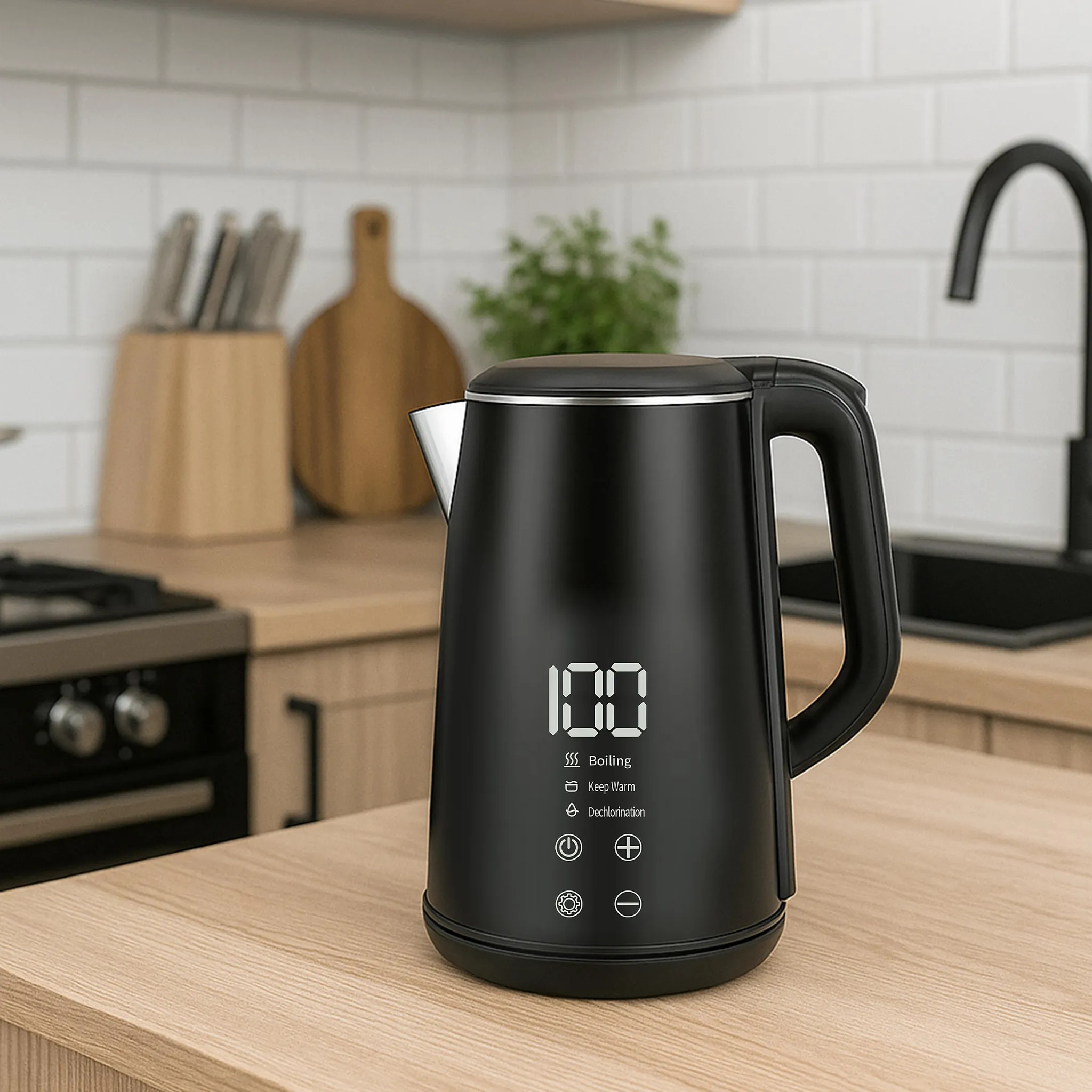 Ein schwarzer Wasserkocher mit Digitalanzeige zeigt 100 auf einer Holz-Arbeitsplatte. Küchenhintergrund.