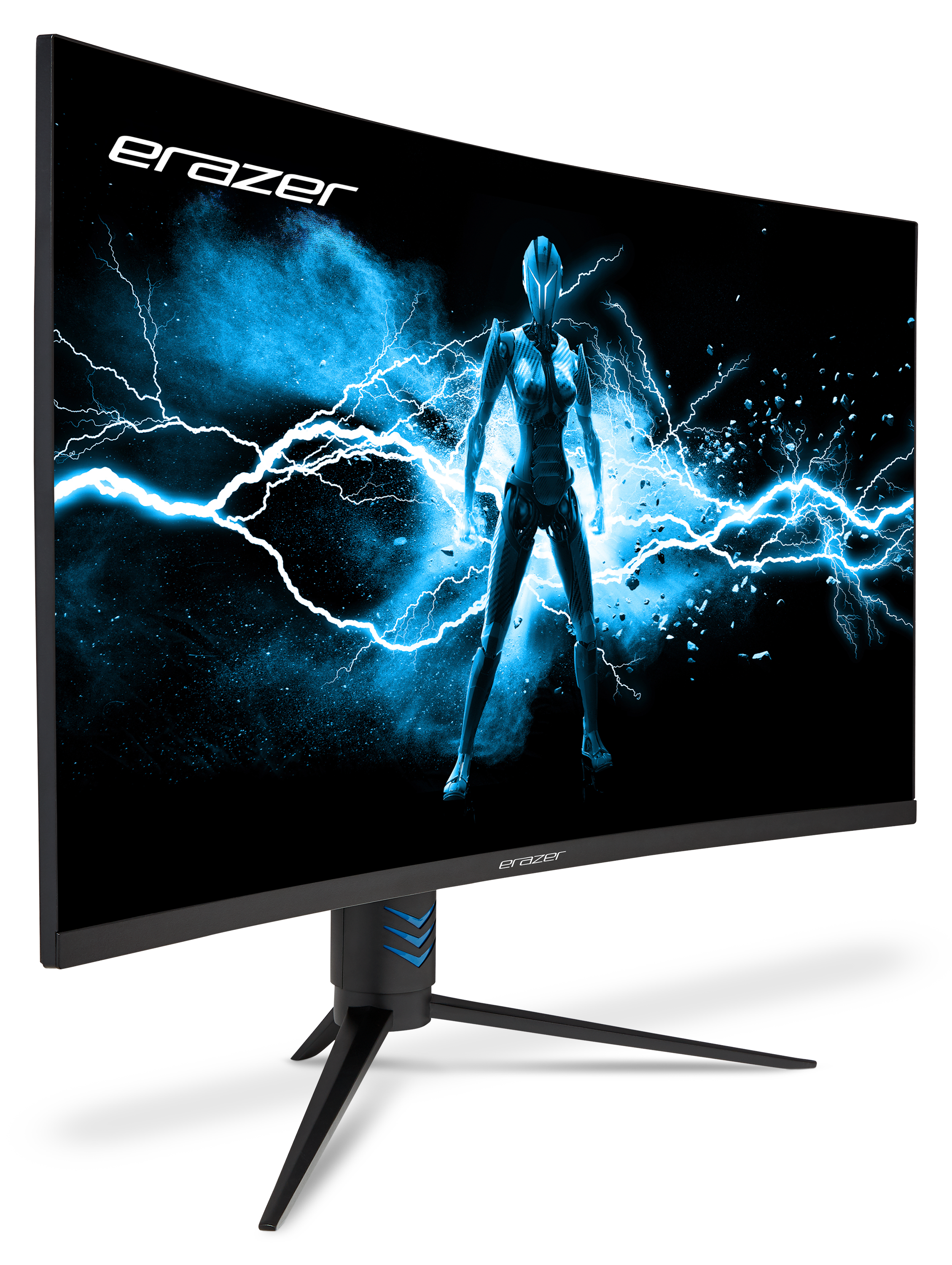 Un monitor curvo muestra una figura de cyborg con relámpagos azules sobre fondo negro. El monitor tiene un soporte negro.