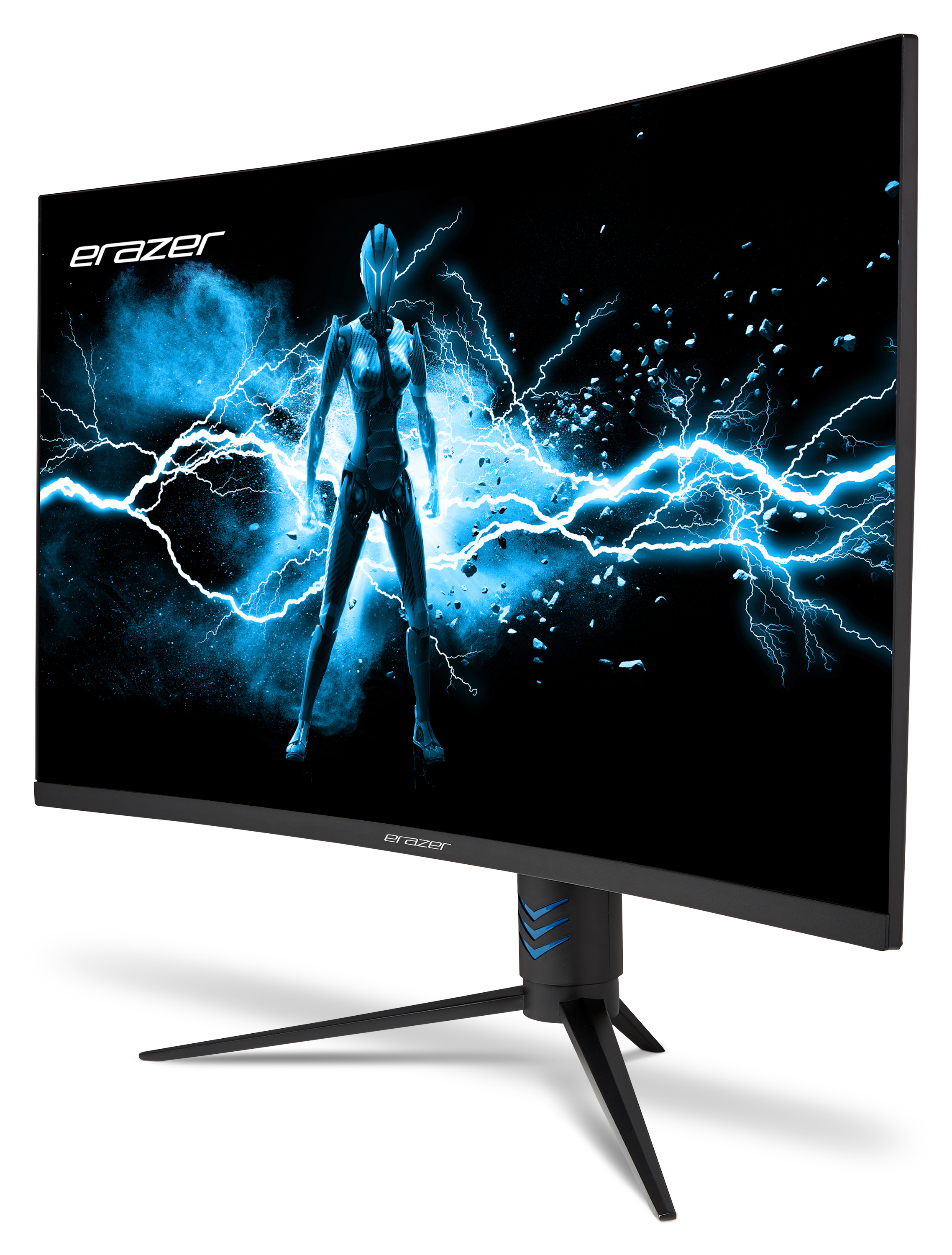 Un monitor curvo muestra un cyborg con rayos azules sobre un fondo negro. El monitor está sobre un soporte negro.