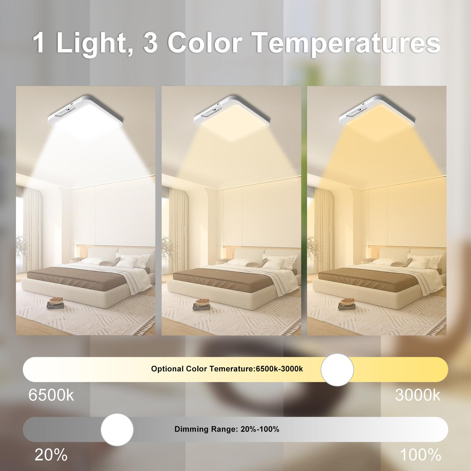 Das Bild zeigt eine Lampe mit 3 Farbtemperaturen, ein Schlafzimmer mit Bett und einen Schieberegler zum Dimmen von 20 % bis 100 %.