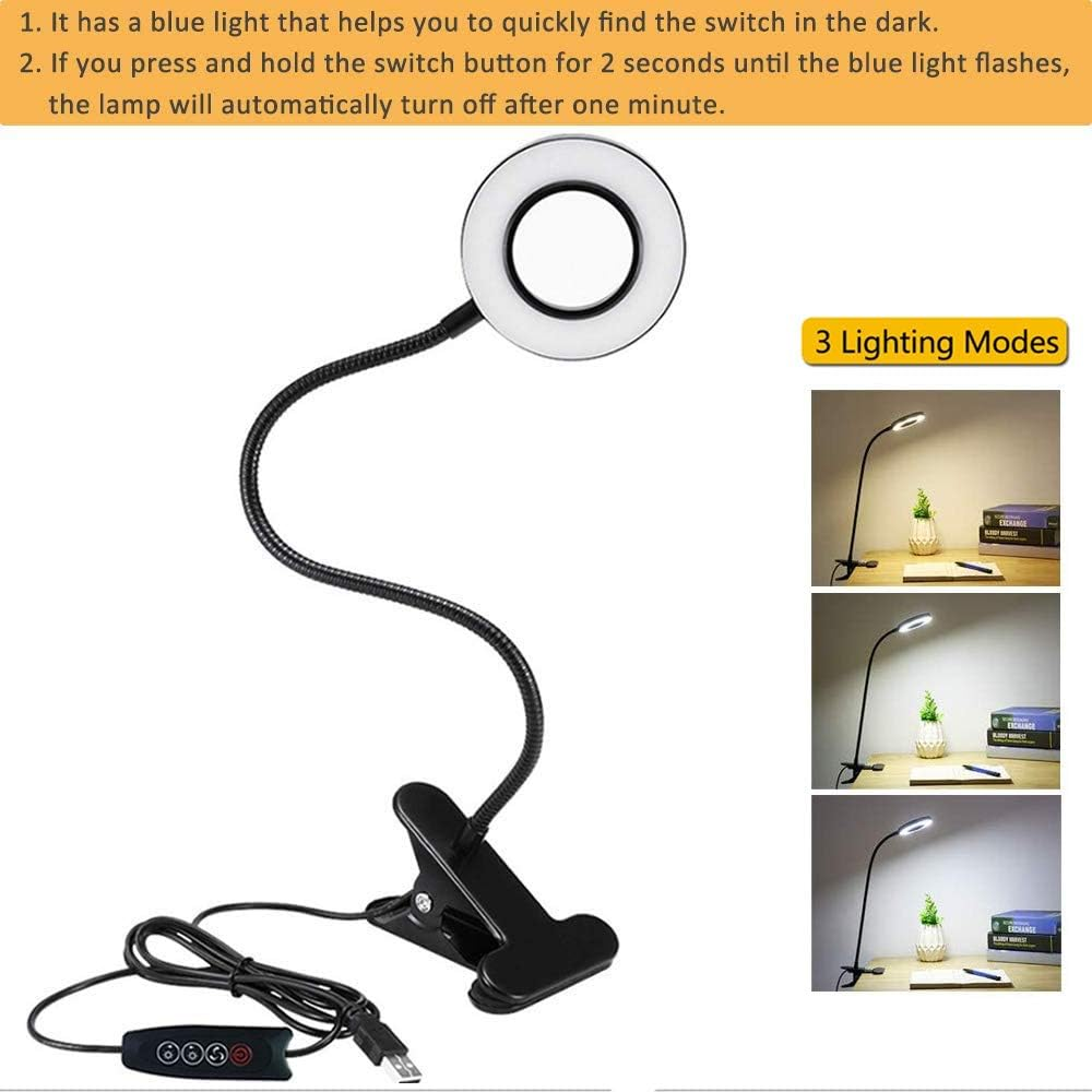 Eine flexible LED-Schreibtischlampe mit Clip-Basis. Sie hat einen Ringlichtkopf und drei Beleuchtungsmodi. Ein USB-Kabel ist angebracht.