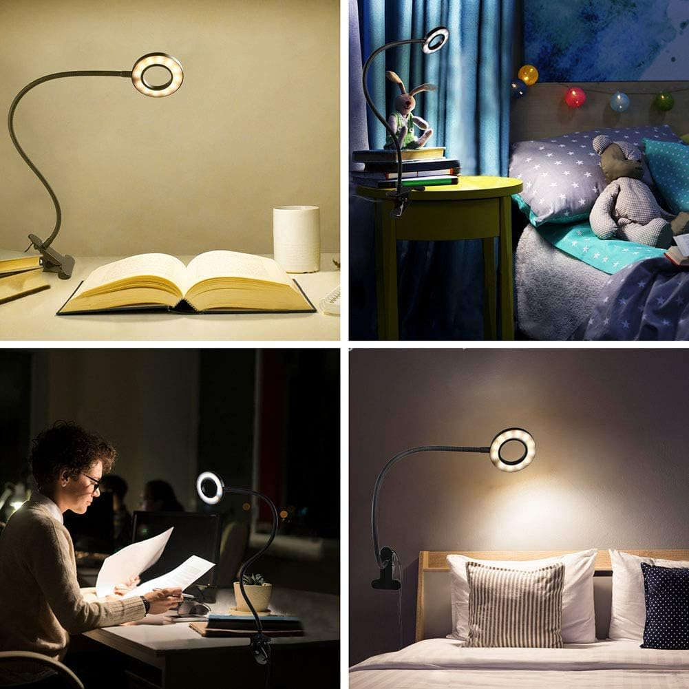 Vier Bilder zeigen eine schwarze Schreibtischlampe mit kreisförmigem Licht. Die Lampe ist an einem Tisch oder Bett befestigt und beleuchtet verschiedene Umgebungen.