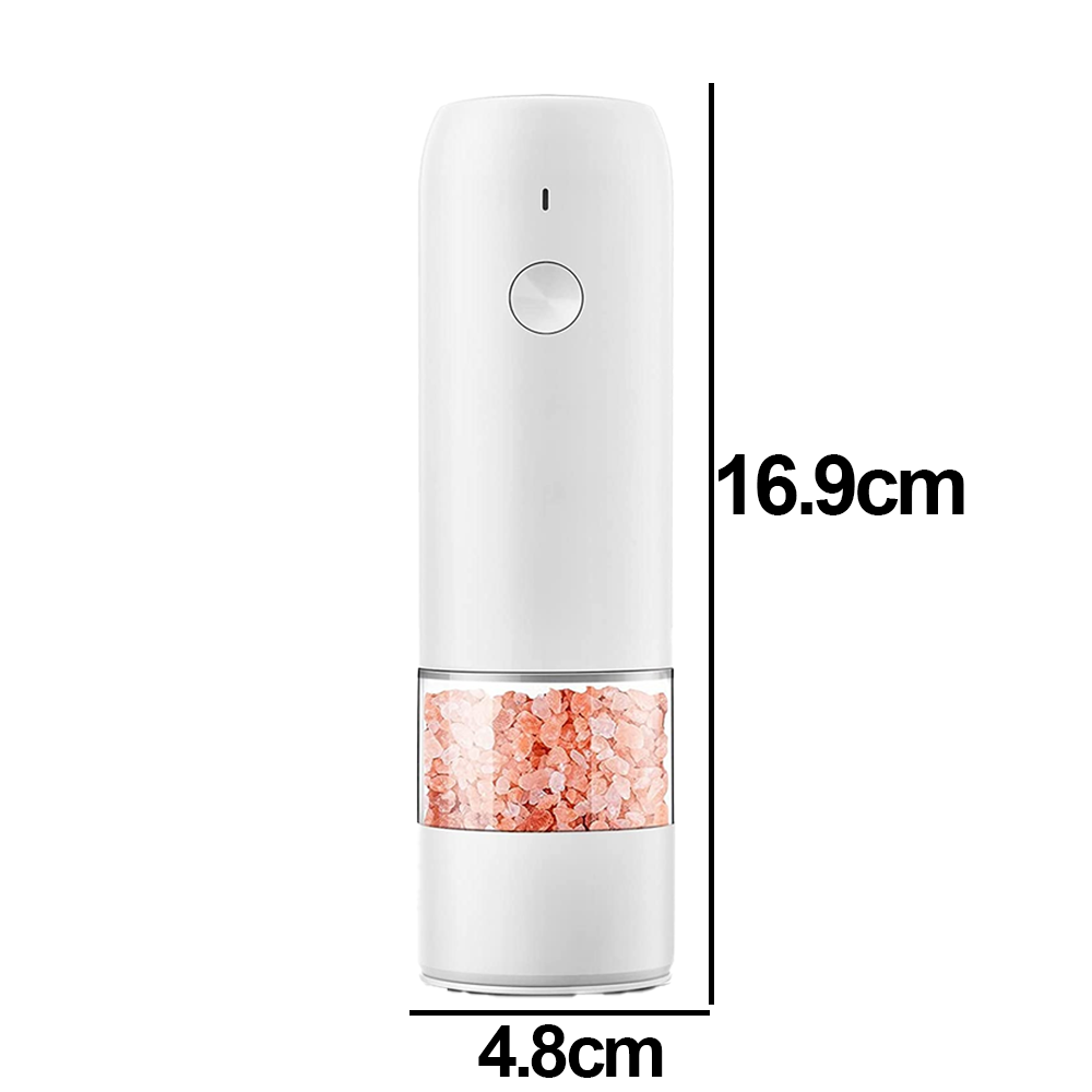 Ein weißer elektrischer Salzstreuer mit einem transparenten Abschnitt mit rosa Salzkristallen. Abmessungen: 16,9 cm hoch, 4,8 cm breit.