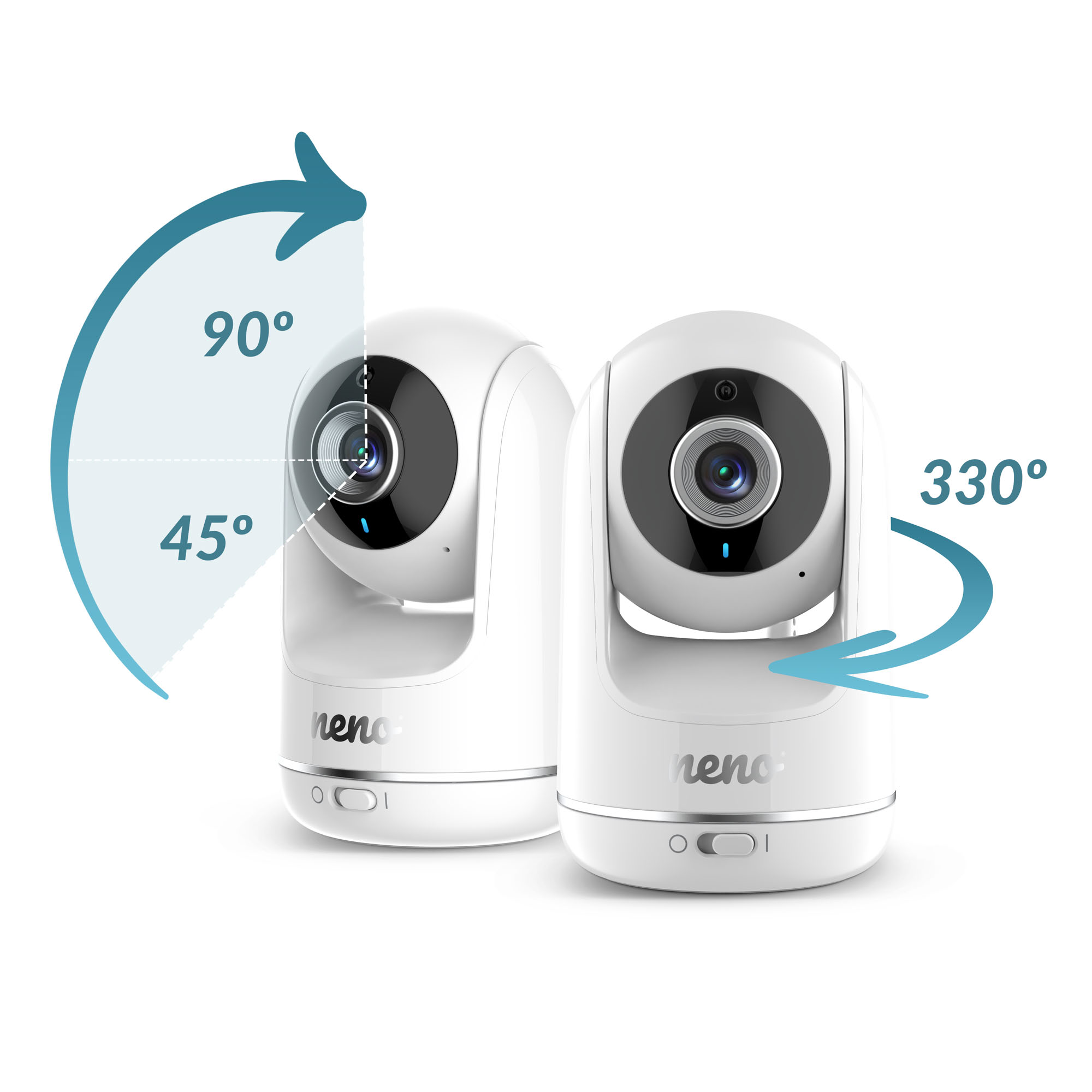 Dwa białe nianie elektroniczne z czarnymi obiektywami. Strzałki wskazują kąty obrotu. Marka 'neno' widoczna.