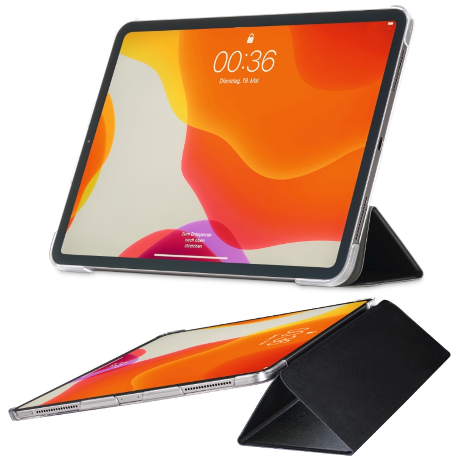 Zwei iPads mit orangefarbenem Hintergrund, eines aufgestellt, das andere flach. Beide haben schwarze Hüllen. Der Bildschirm zeigt Uhrzeit und Datum.