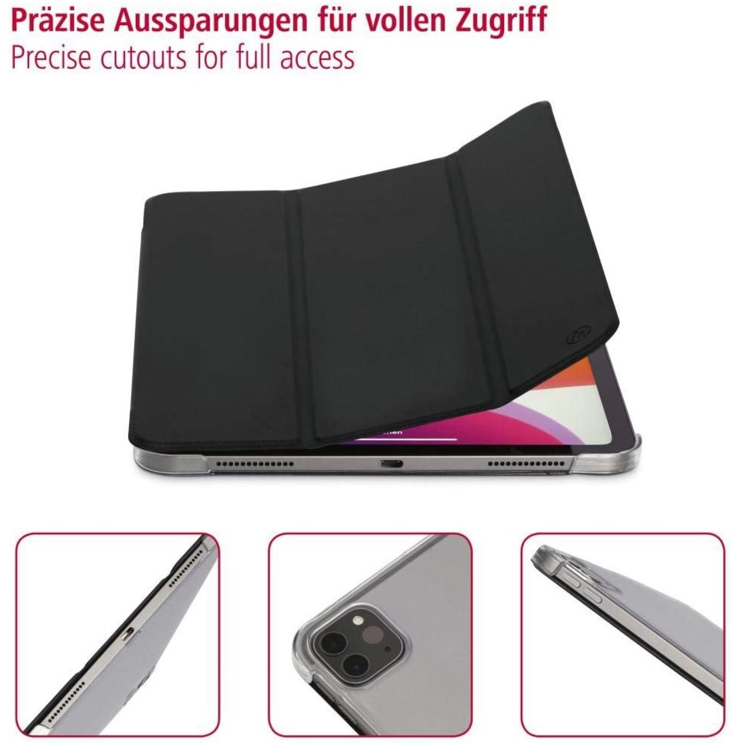 Eine schwarze Tablethülle mit einem Tablet darin wird angezeigt. Es ist geöffnet und zeigt den Bildschirm. Drei kleinere Bilder des Gehäuses befinden sich darunter.