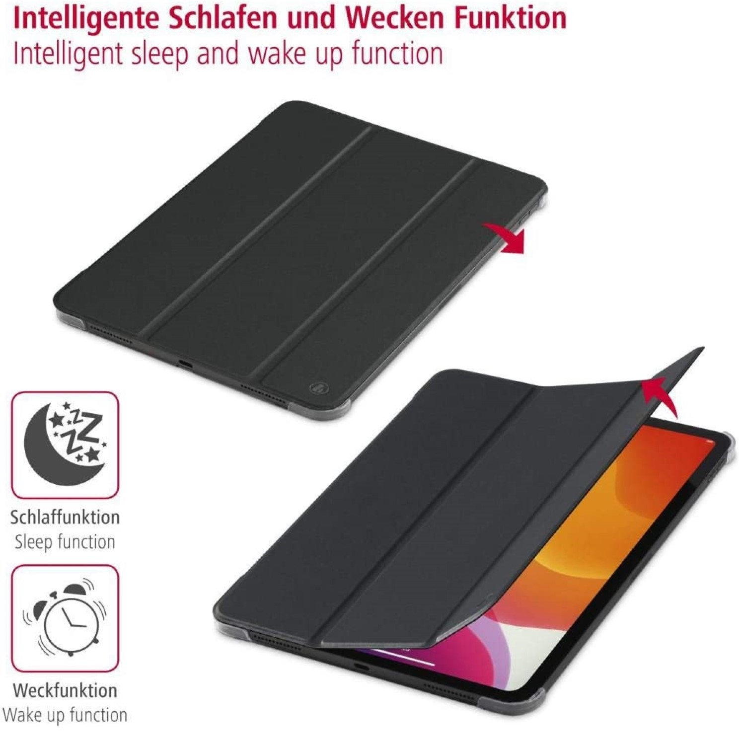 Ein Tablet mit schwarzer Hülle wird gezeigt. Die Hülle ist offen und zeigt den Bildschirm. Symbole für Schlaf- und Weckfunktionen werden angezeigt.