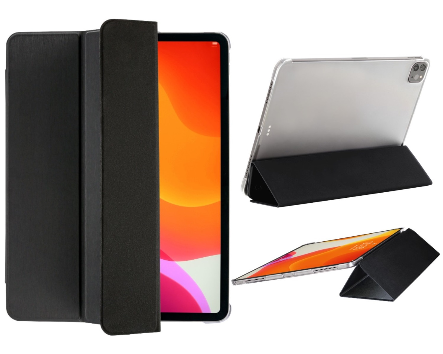 Ein iPad in einer schwarzen Hülle wird in mehreren Ansichten dargestellt. Der Bildschirm zeigt einen orange-gelben Farbverlauf. Die Hülle lässt sich zu einem Ständer falten.