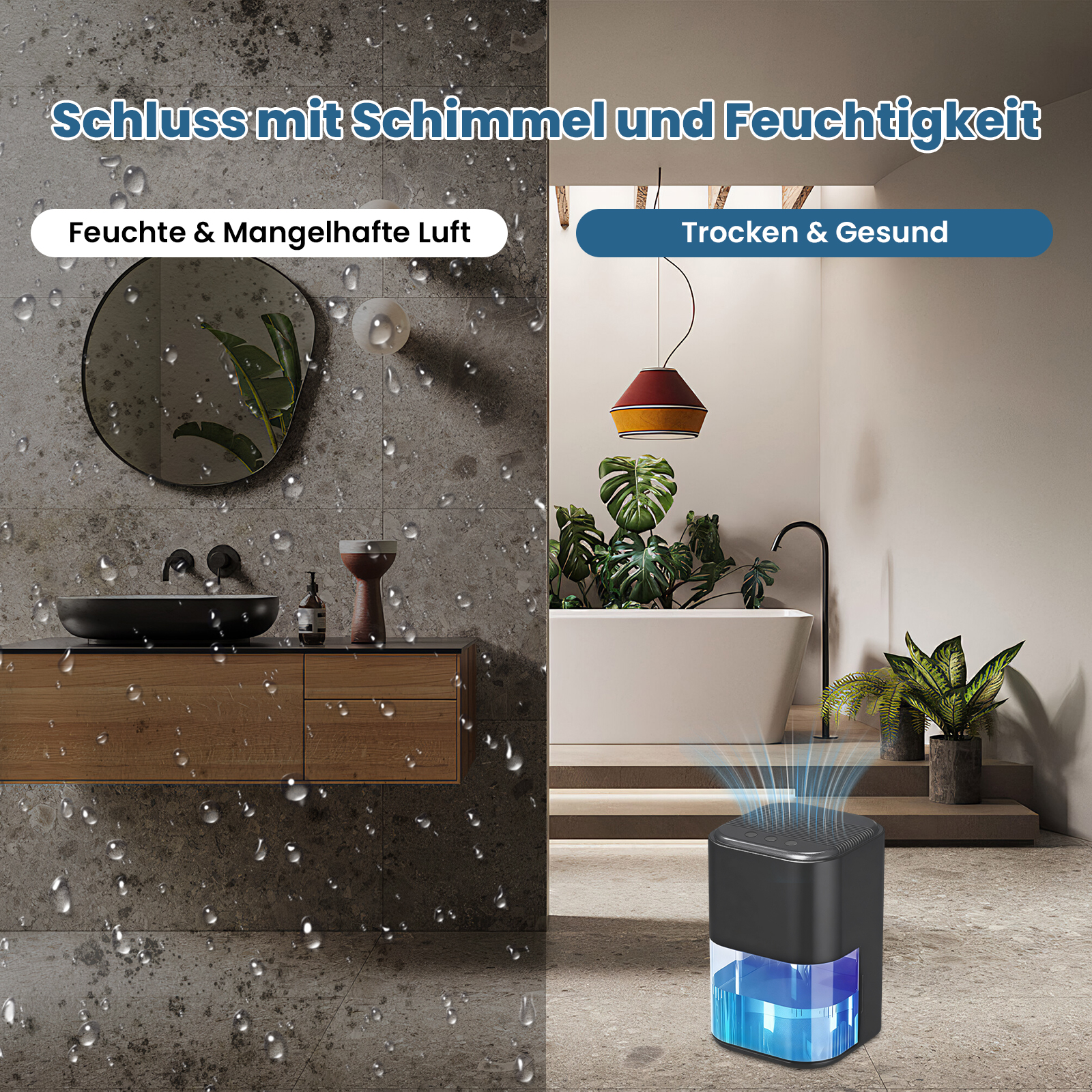 Das Bild zeigt ein Badezimmer mit Luftbefeuchter. Eine Seite hat Schimmel, die andere ist sauber. Der Text lautet: Schluss mit Schimmel und Feuchtigkeit.