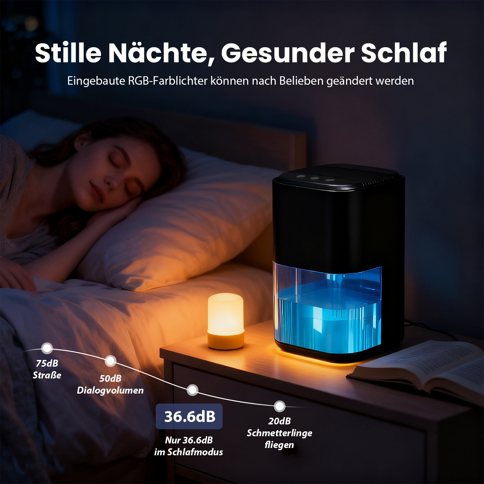 Eine schlafende Frau neben einem Luftbefeuchter, einer kleinen Lampe und einem offenen Buch auf einem Nachttisch.