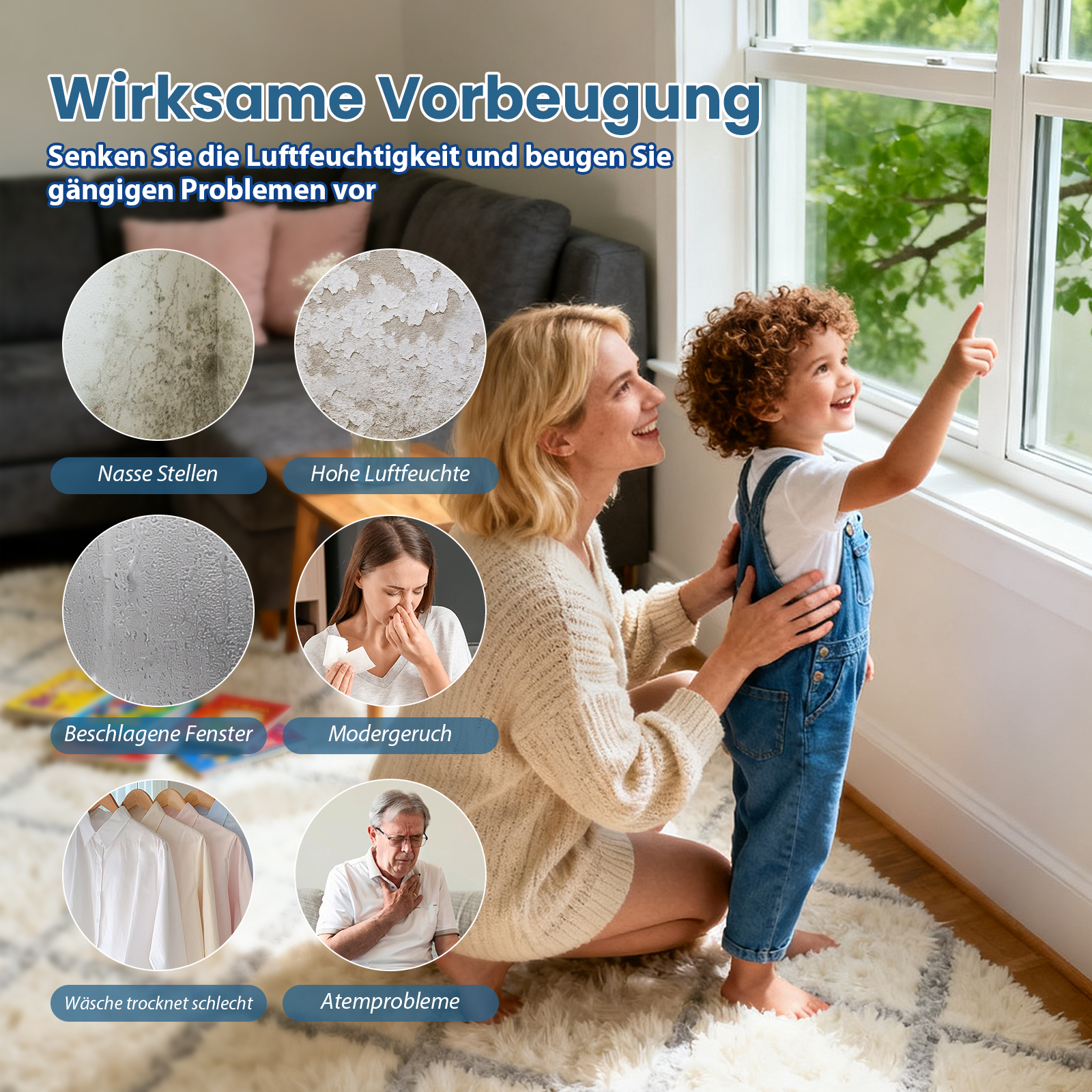 Eine Frau und ein Kind schauen aus einem Fenster. Verschiedene Bilder zeigen feuchtigkeitsbedingte Probleme in einem Haus.