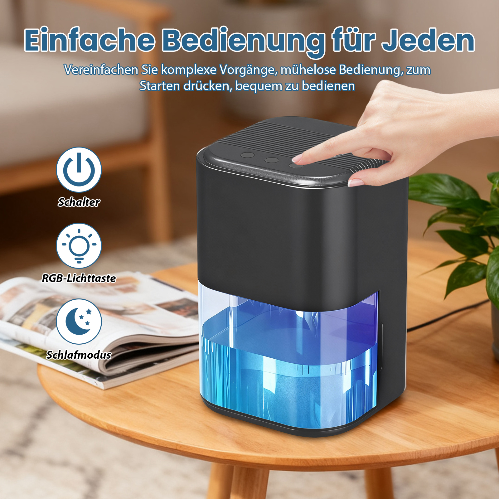 Eine Hand drückt eine Taste an einem schwarzen Luftreiniger. Blaues Wasser ist sichtbar. Symbole für Strom, Licht und Schlaf sind abgebildet.