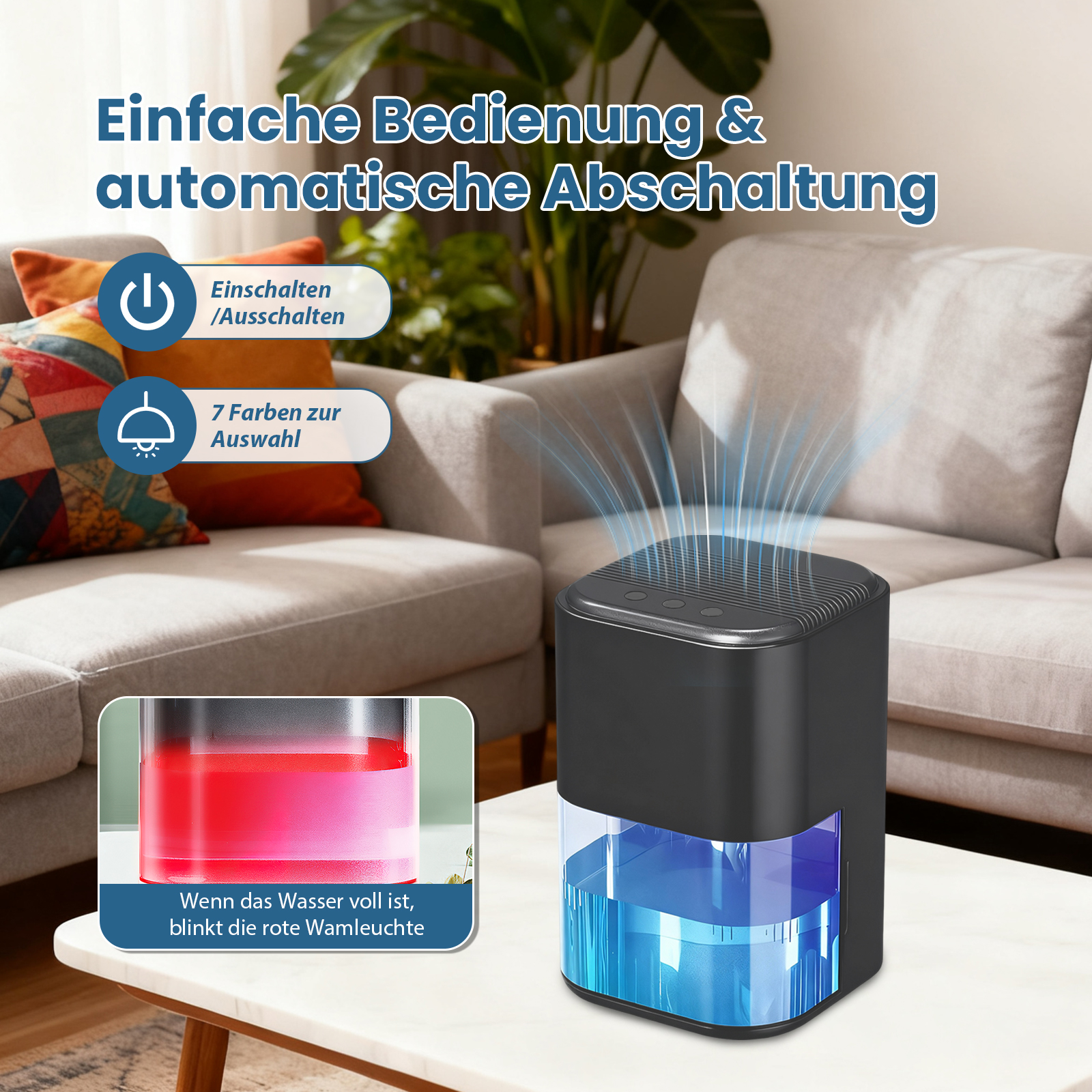 Schwarzer Luftreiniger mit Wasserbehälter auf einem weißen Tisch. Text beschreibt Funktionen.