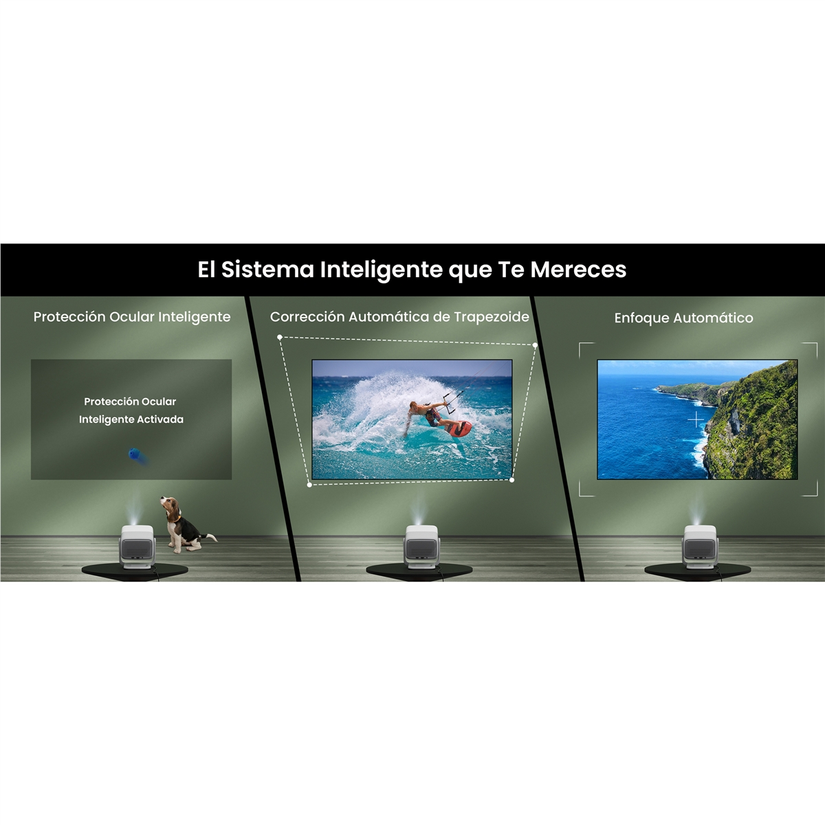 La imagen muestra las funciones del proyector: protección ocular, corrección trapezoidal y enfoque automático. Escenas incluyen perro, kitesurfista y vista costera.