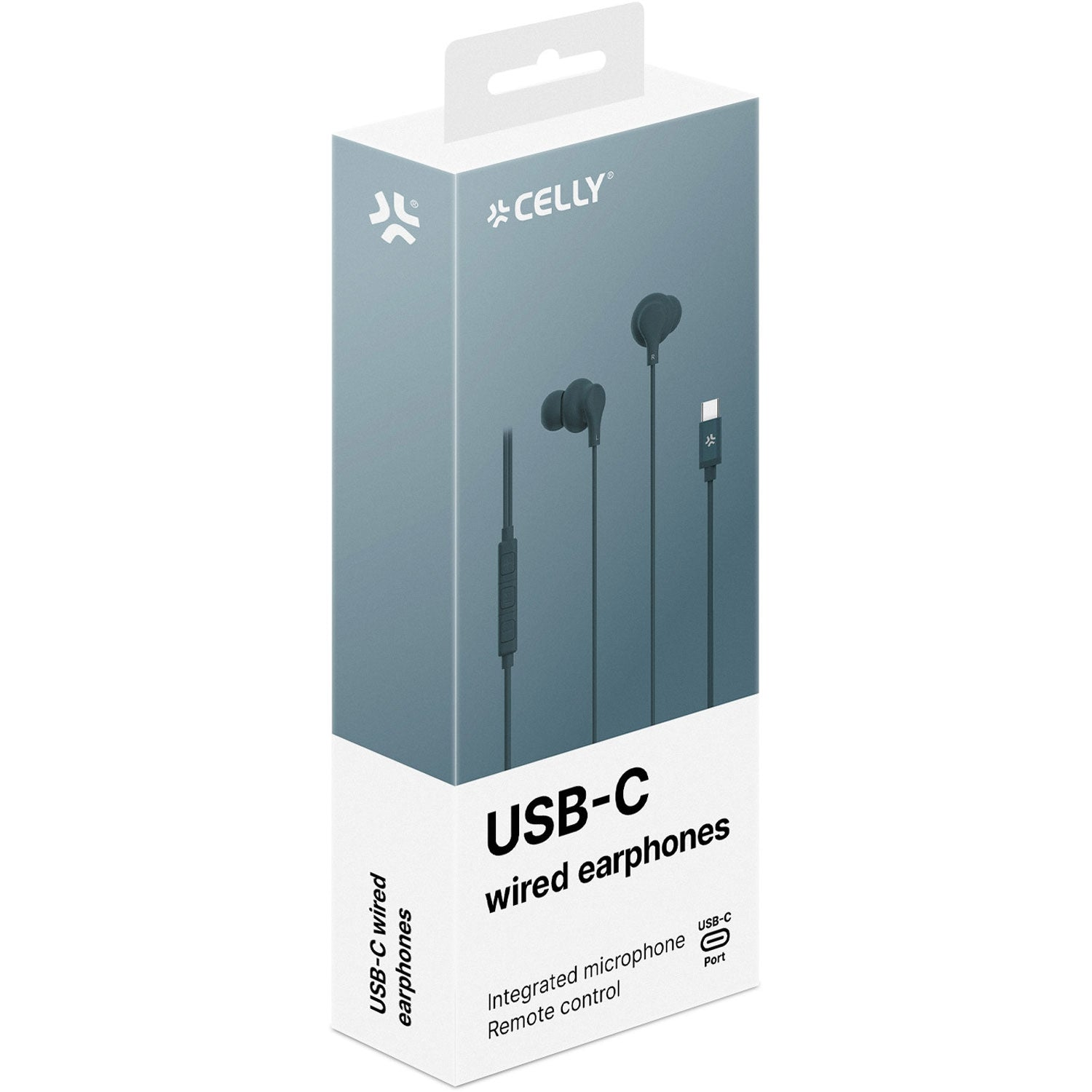 Auricolari cablati USB-C in scatola. Include microfono integrato e telecomando. Scatola grigia con immagine del prodotto e logo.
