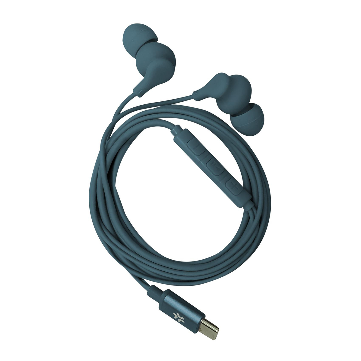 Auricolari teal con controllo e connettore USB-C. Il cavo è arrotolato.