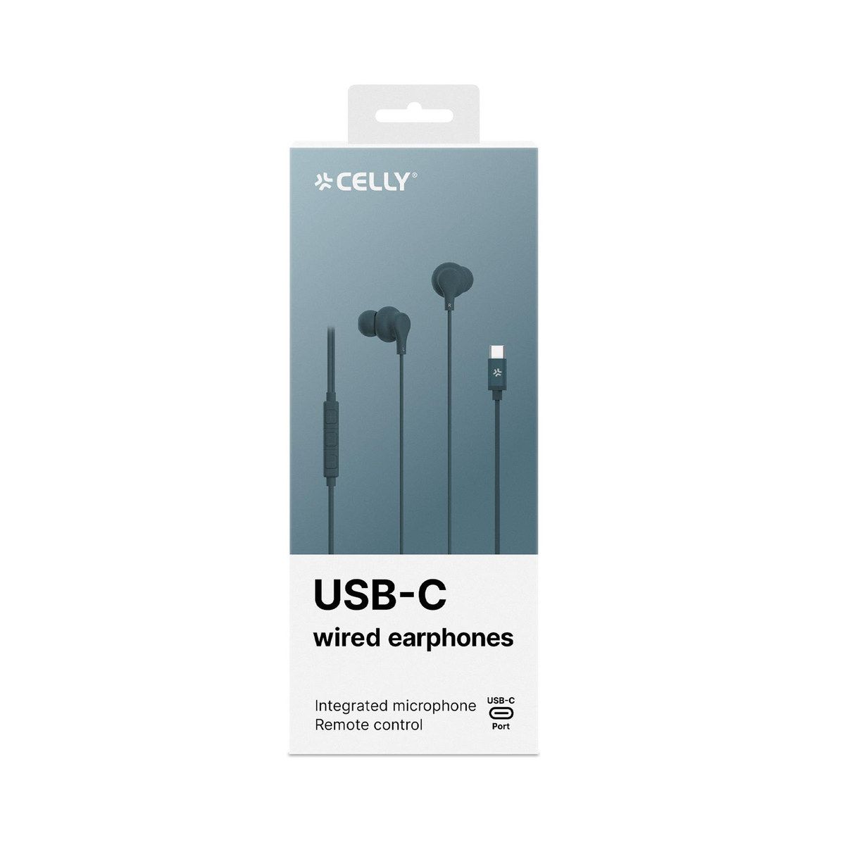 L'immagine mostra un set di auricolari cablati USB-C in scatola. La confezione mostra gli auricolari, il marchio Celly e funzionalità come il microfono integrato.
