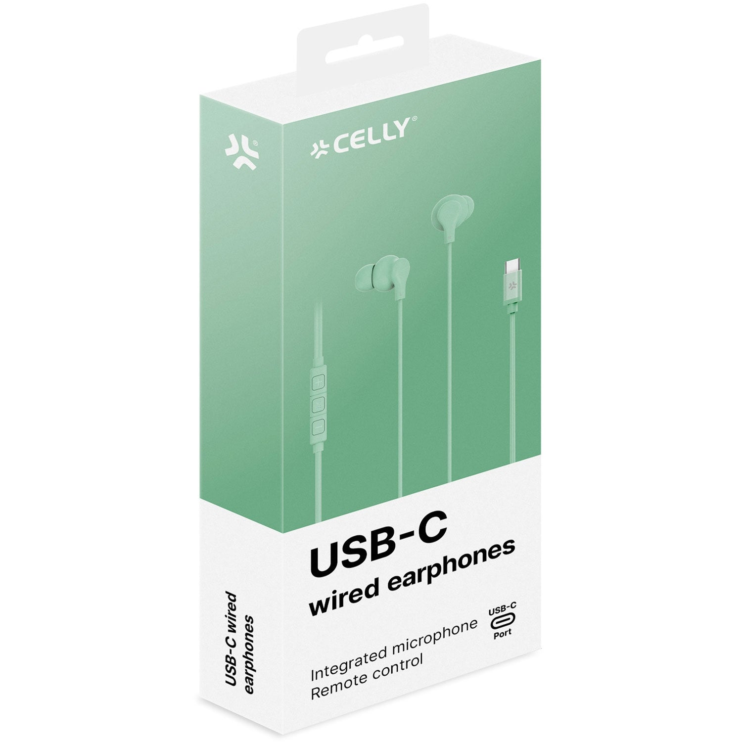 Una scatola di auricolari cablati USB-C. La scatola è verde e bianca, con il marchio 'CELLY'. Mostra gli auricolari e le funzionalità.