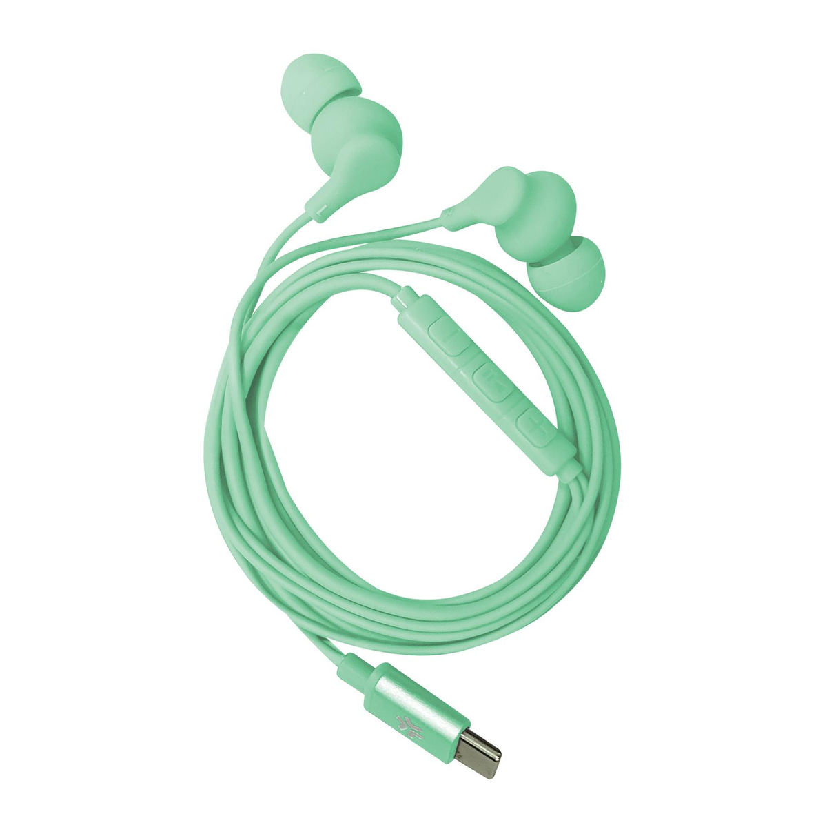 Auricolari verde menta con modulo di controllo e connettore USB-C. Il cavo è arrotolato, lo sfondo è bianco.