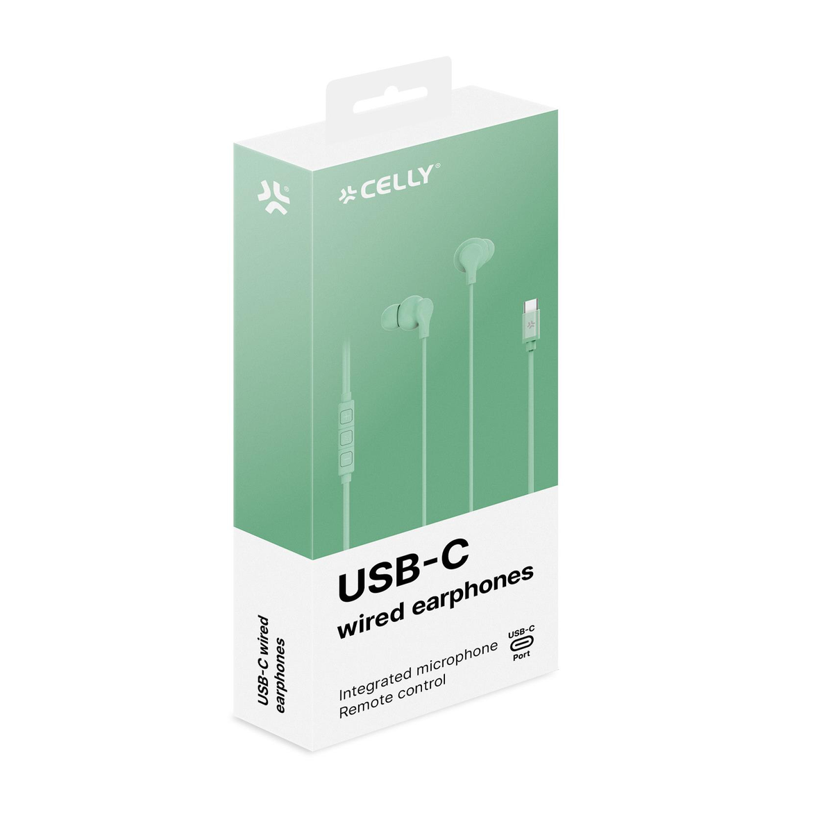 Scatola di auricolari cablati USB-C Celly. La scatola è bianca e verde. Gli auricolari sono verde chiaro. Le caratteristiche sono elencate sulla parte anteriore della scatola.