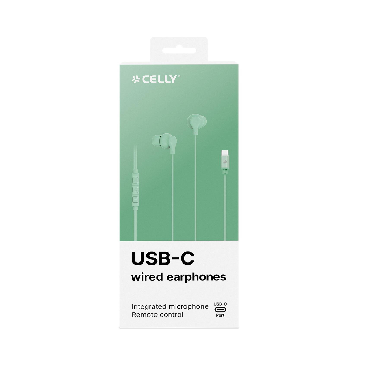 Una scatola di auricolari Celly USB-C cablati. Gli auricolari sono bianchi con un telecomando. La scatola è bianca e verde con dettagli del prodotto.