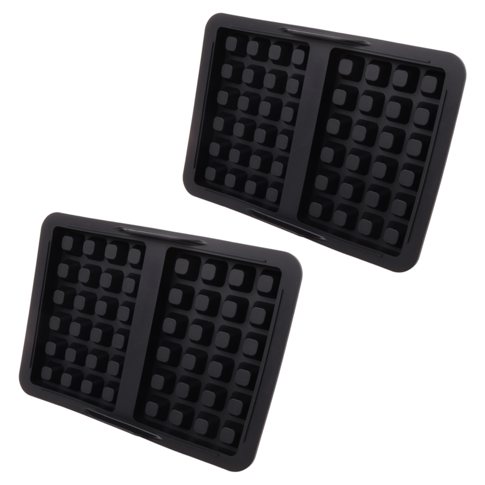 Zwei schwarze Waffeleisenformen auf weißem Hintergrund. Jede Form hat ein Gittermuster.