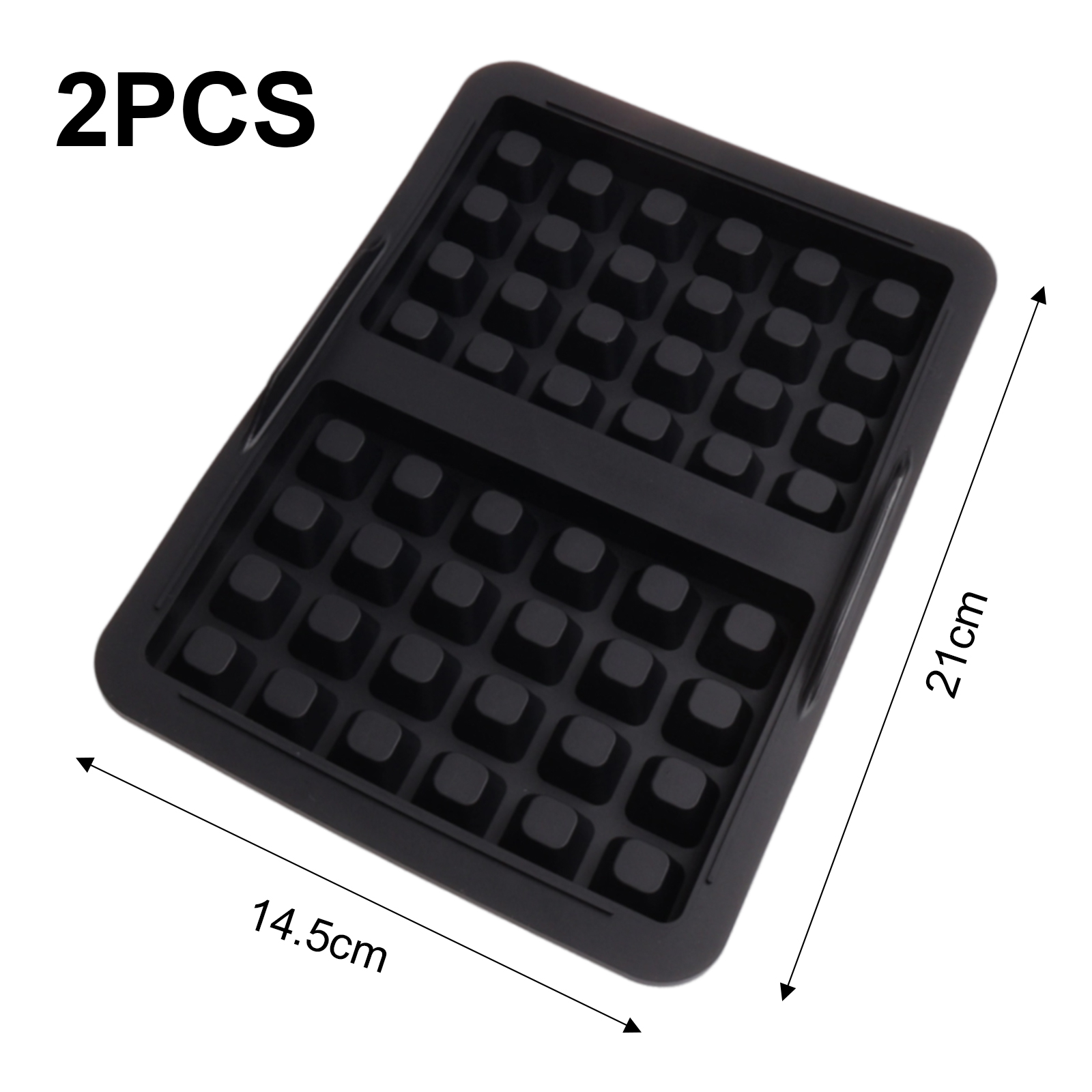 Schwarzes Waffeleisen, rechteckig, mit quadratischen Vertiefungen. Zeigt Abmessungen: 14,5 cm und 21 cm. Der Text '2PCS' steht oben.