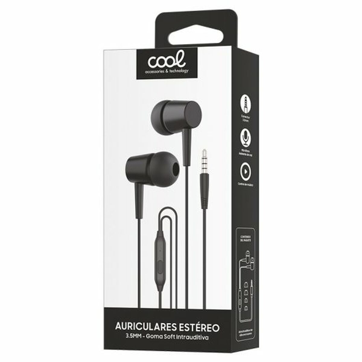 Auriculares negros en un paquete. El paquete tiene el logo 'cool'. Texto: 'AURICULARES ESTÉREO'.