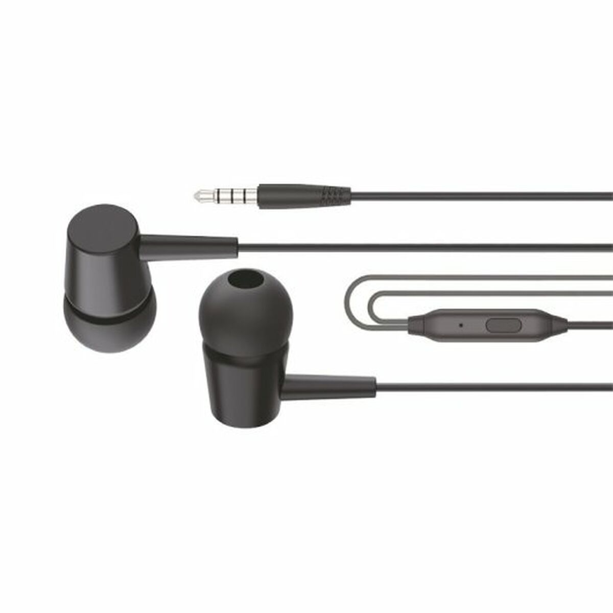 Auriculares internos negros con conector de 3,5 mm y un módulo de control en el cable. Dos auriculares visibles.