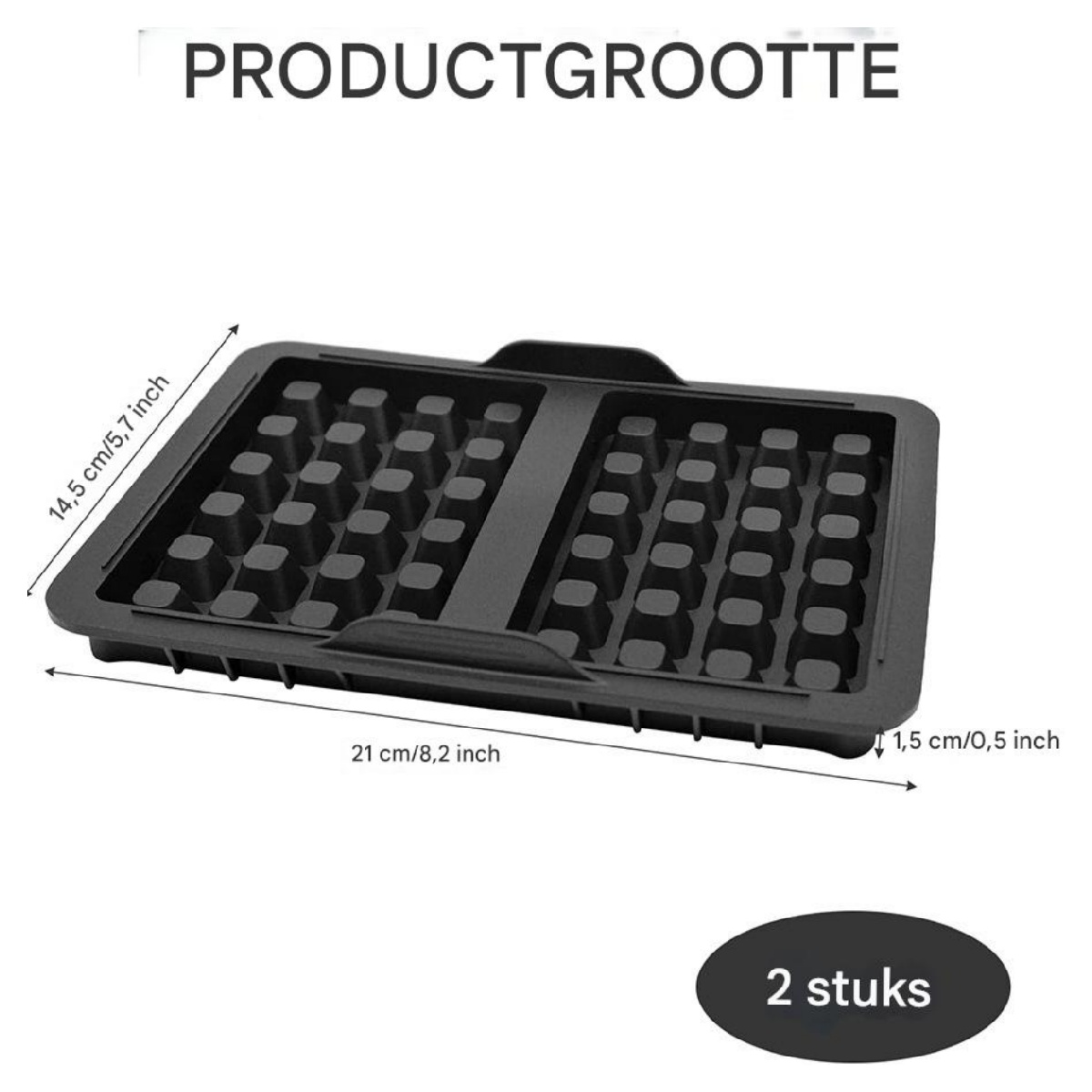 Schwarzes Waffeleisen mit Maßangaben. Text: 'PRODUCTGROOTTE' und '2 stuks'. Maße in cm und Zoll werden angezeigt.