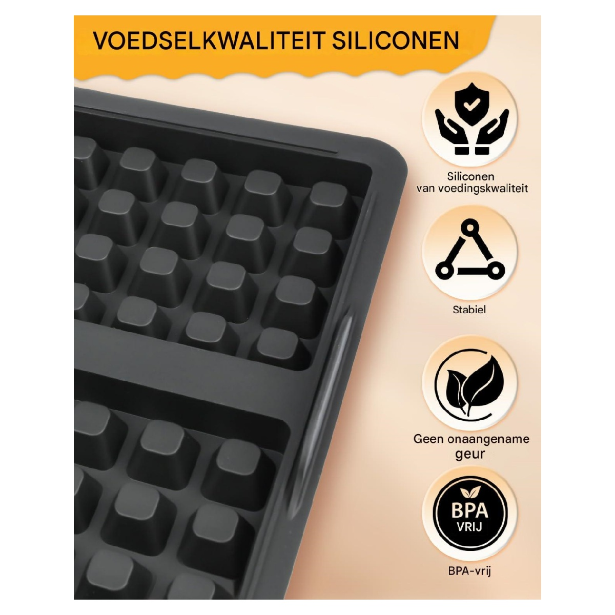 Nahaufnahme einer dunkelgrauen Silikonform mit quadratischen Fächern. Symbole weisen auf lebensmittelechtes Silikon, Stabilität, Geruchsfreiheit und BPA-Freiheit hin.