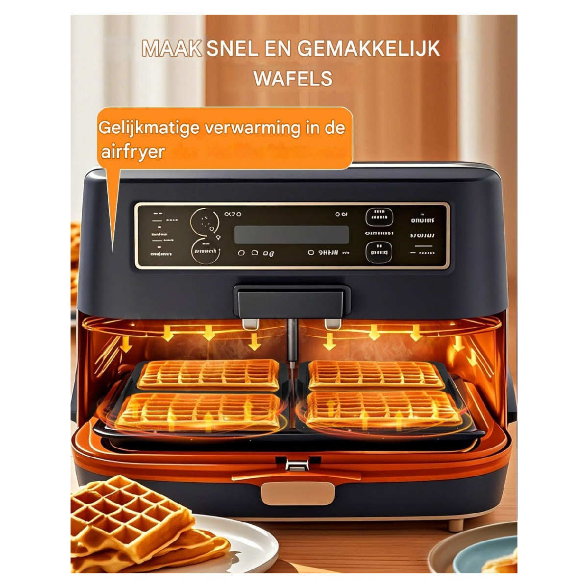 Ein Airfryer mit darin gebackenen Waffeln. Das Gerät ist schwarz und orange, mit Text: 'Waffeln einfach machen'.