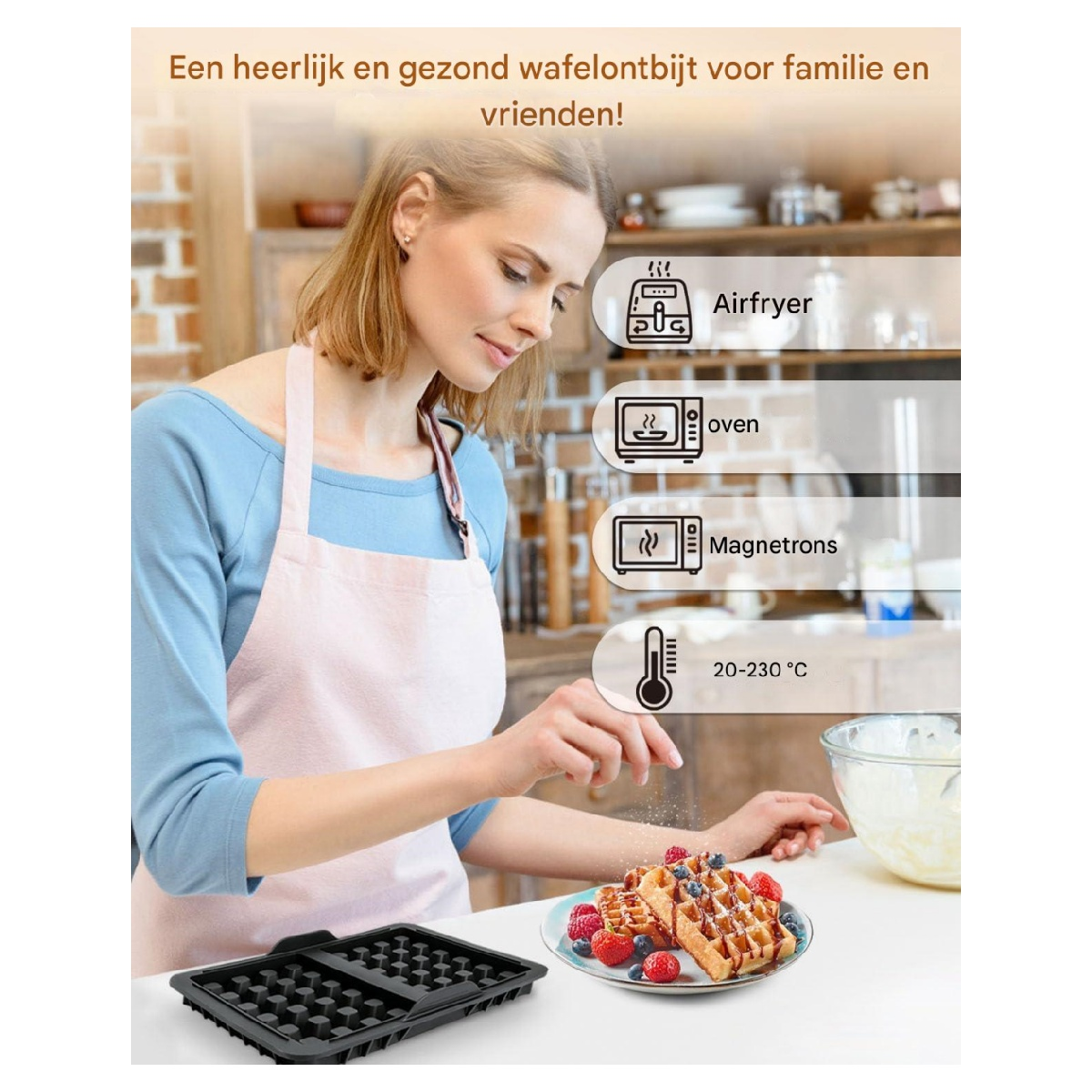 Eine Frau bestreut Waffeln mit Beeren. Eine Heißluftfritteuse, ein Ofen und eine Mikrowelle sind abgebildet. Text: 'Gesundes Waffel-Frühstück'.