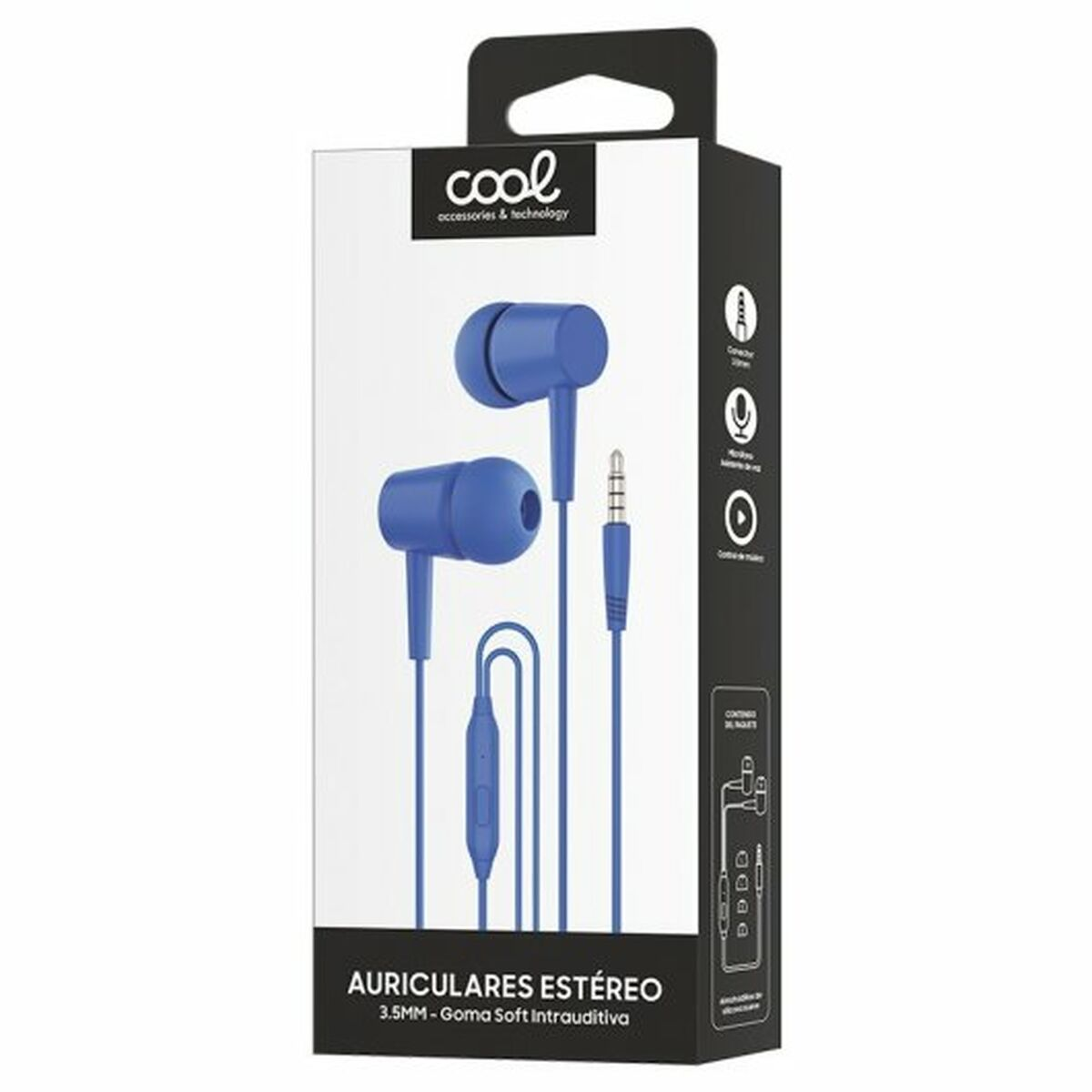 Blaue Cool-Stereo-Ohrhörer in einer Schachtel. Der Text lautet 'AURICULARES ESTÉREO'. Die Schachtel ist schwarz und weiß. Die Ohrhörer und das Kabel sind blau.