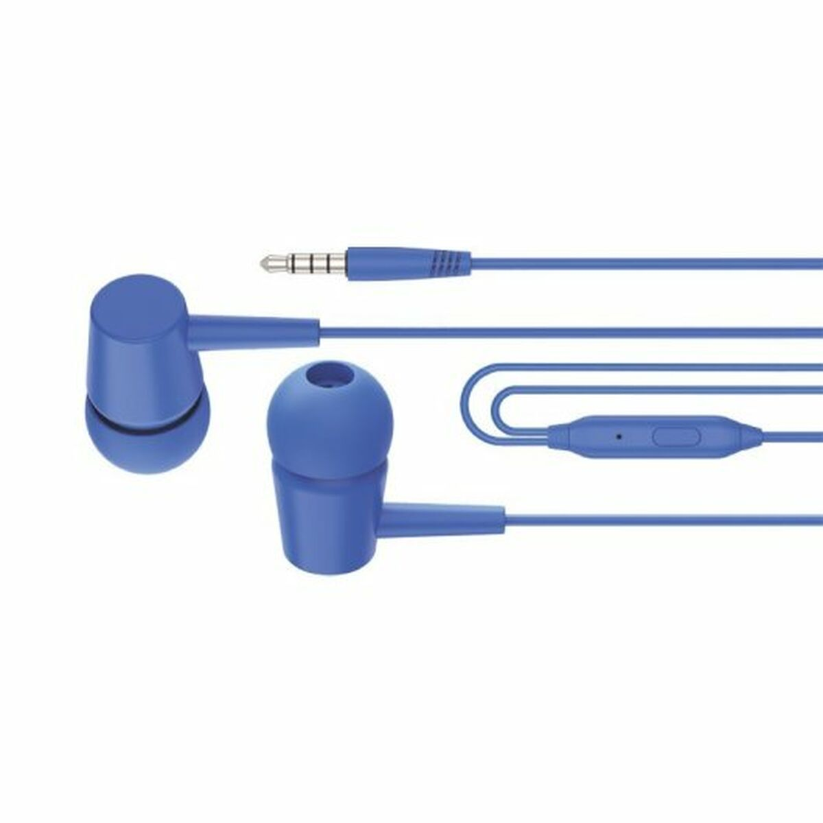 Blaue Ohrhörer mit 3,5-mm-Klinke. Die In-Ear-Kopfhörer sind durch ein Kabel mit einem Steuermodul verbunden.