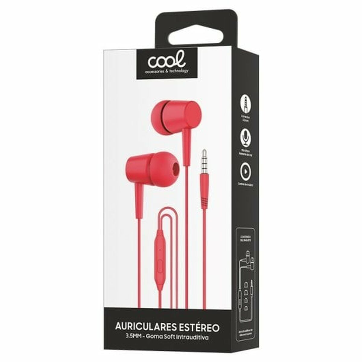 Rote Kopfhörer in einer schwarzen Box. Auf der Box steht die Marke "cool" und die Worte "AURICULARES ESTÉREO".