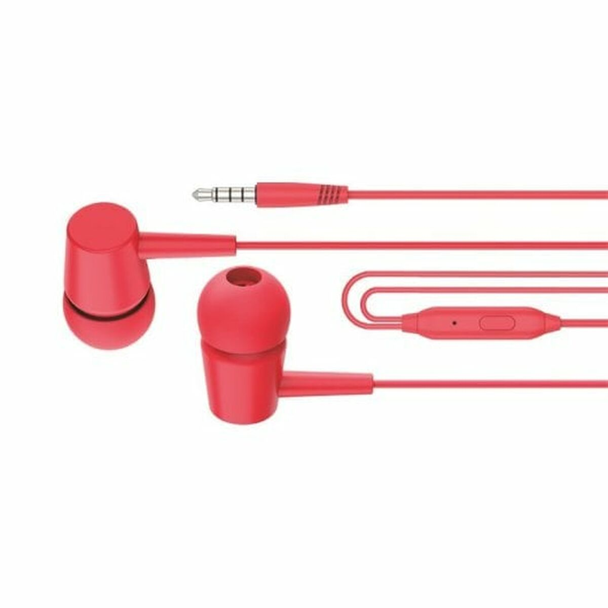 Rote kabelgebundene Ohrhörer auf weißem Hintergrund. Die Ohrhörer, das Kabel und der Stecker sind rot.