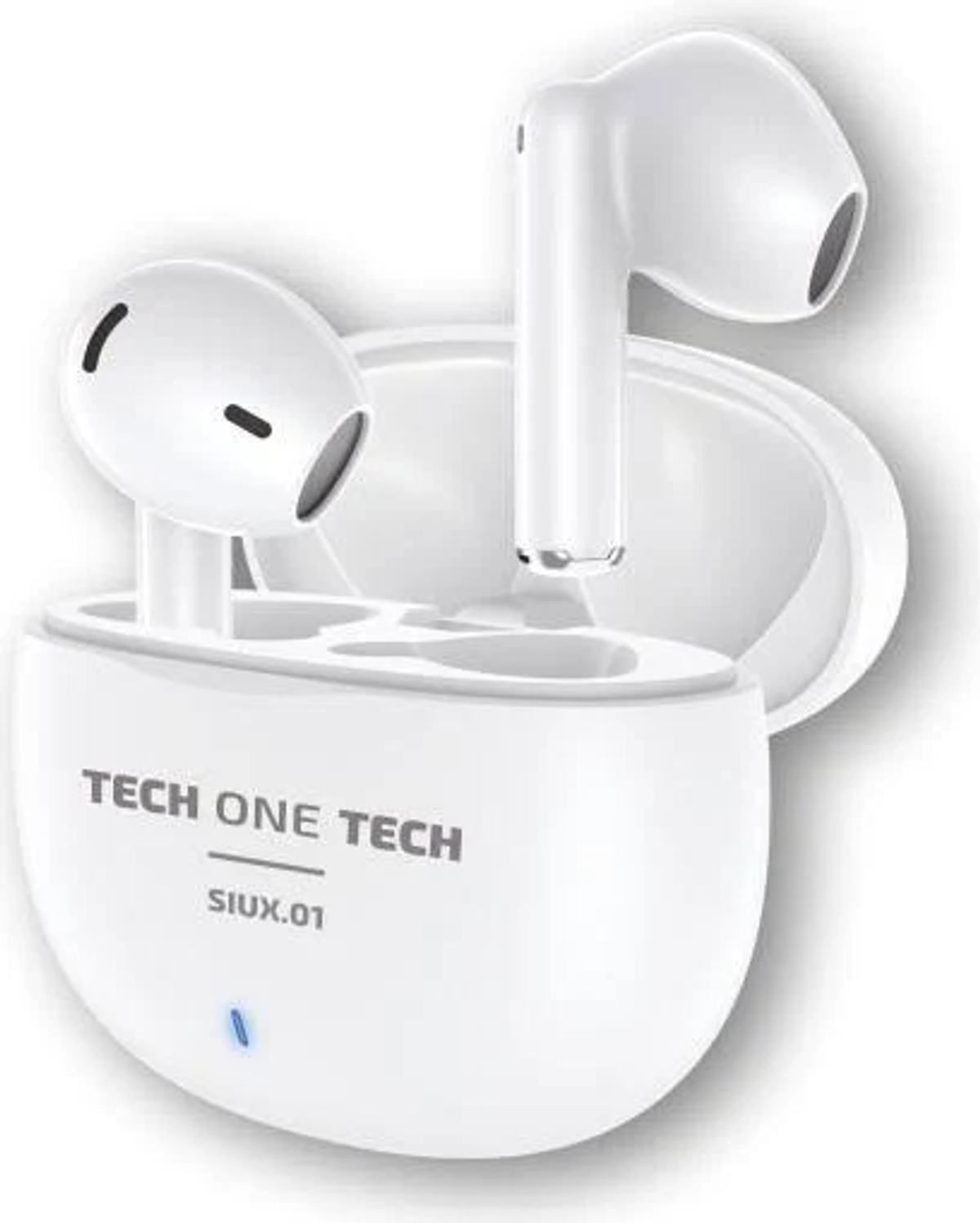 Auricolari wireless bianchi nella loro custodia di ricarica. La custodia è aperta, mostrando gli auricolari. Il marchio è 'TECH ONE TECH'.