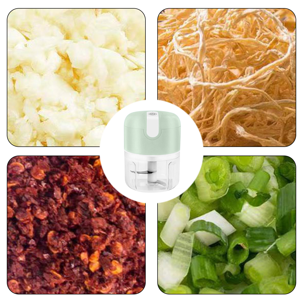 Ein elektrischer Zerkleinerer, umgeben von vier Quadraten: Knoblauch, zerkleinertes Essen, rote Pfefferflocken und gehackte grüne Zwiebeln.