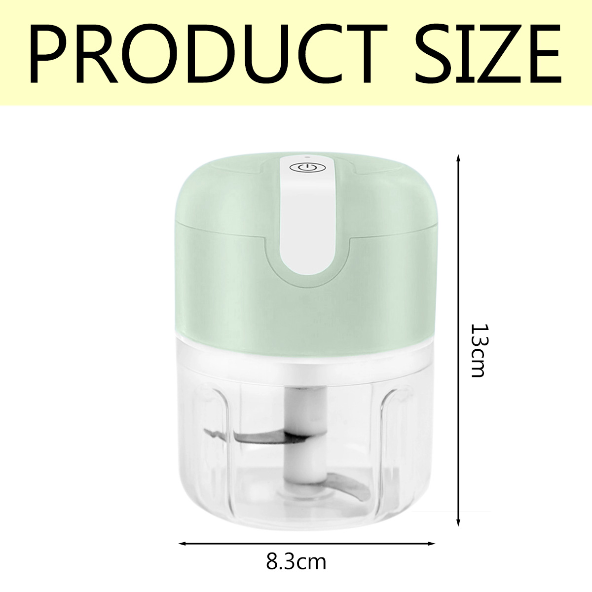Ein mintgrüner und klarer Food-Processor mit einer Klinge. Abmessungen: 13 cm hoch, 8,3 cm breit. Text: Produktgröße.