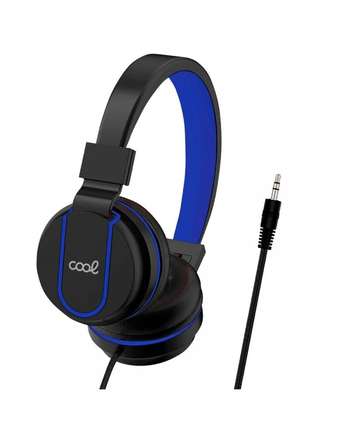 Se muestran auriculares negros y azules con un cable. La palabra 'cool' está impresa en los auriculares. El fondo es blanco.
