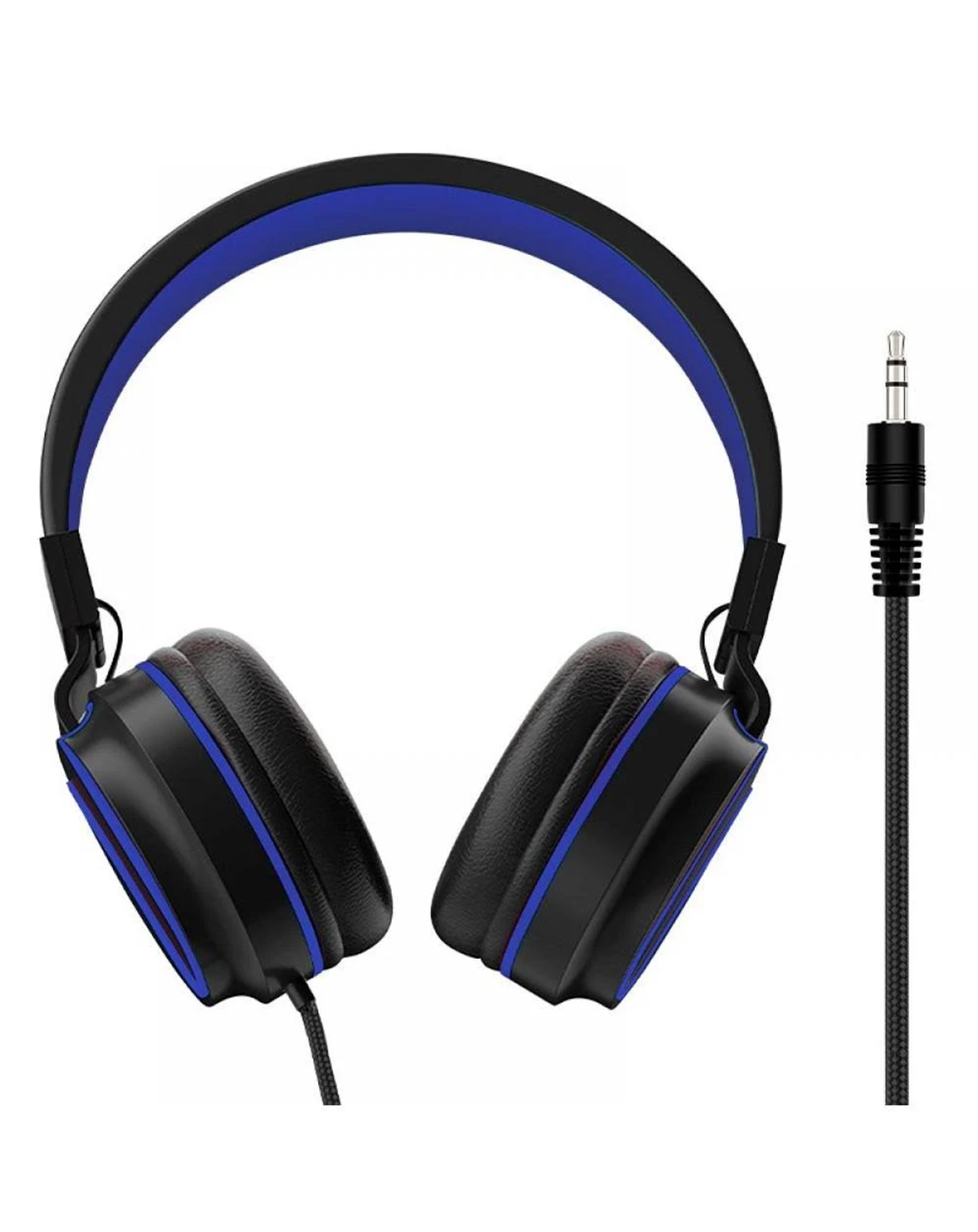 Auriculares negros con detalles azules. El cable jack está a la derecha.