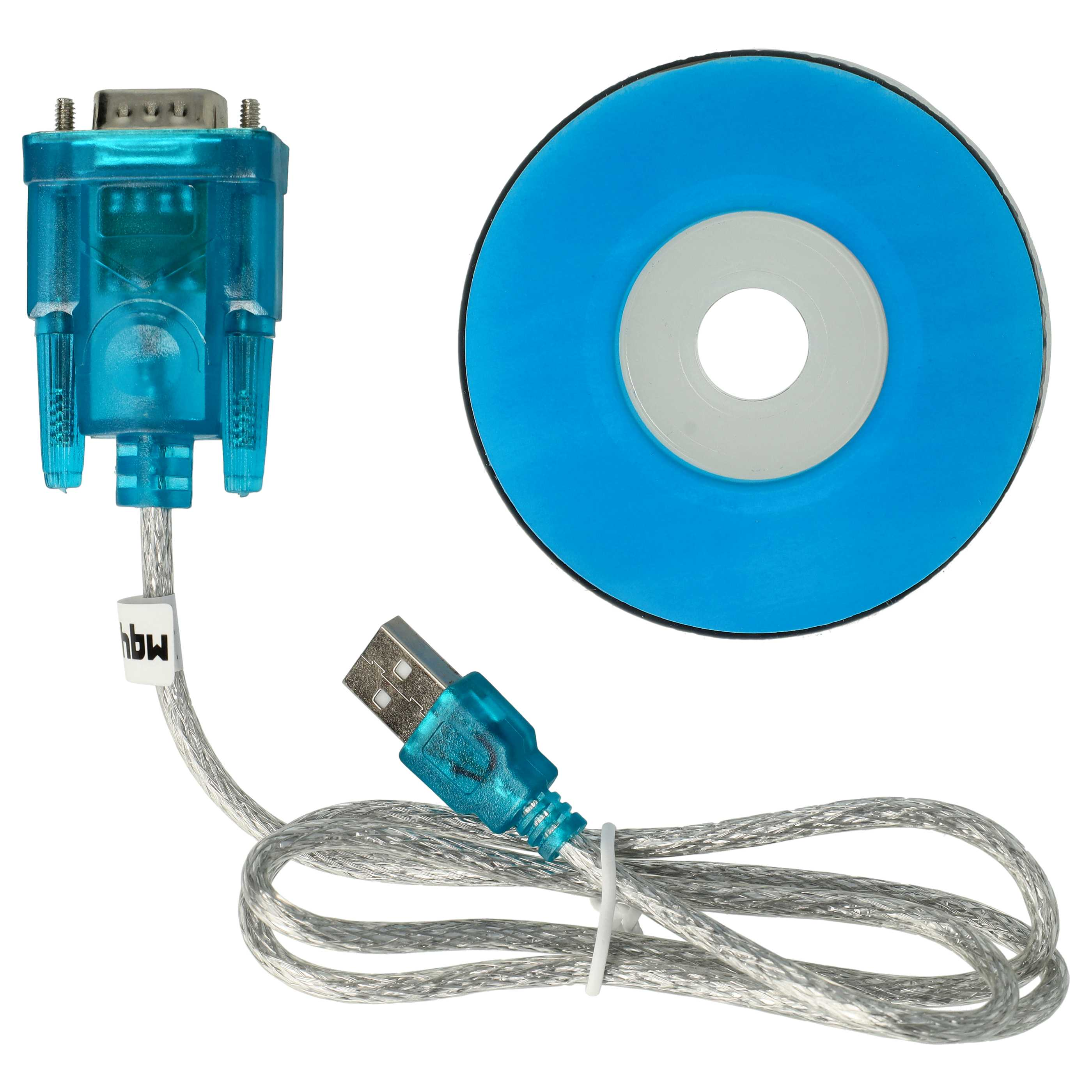 Ein blauer USB-zu-Seriell-Adapter, eine blaue CD und ein silbernes Kabel auf weißem Grund.
