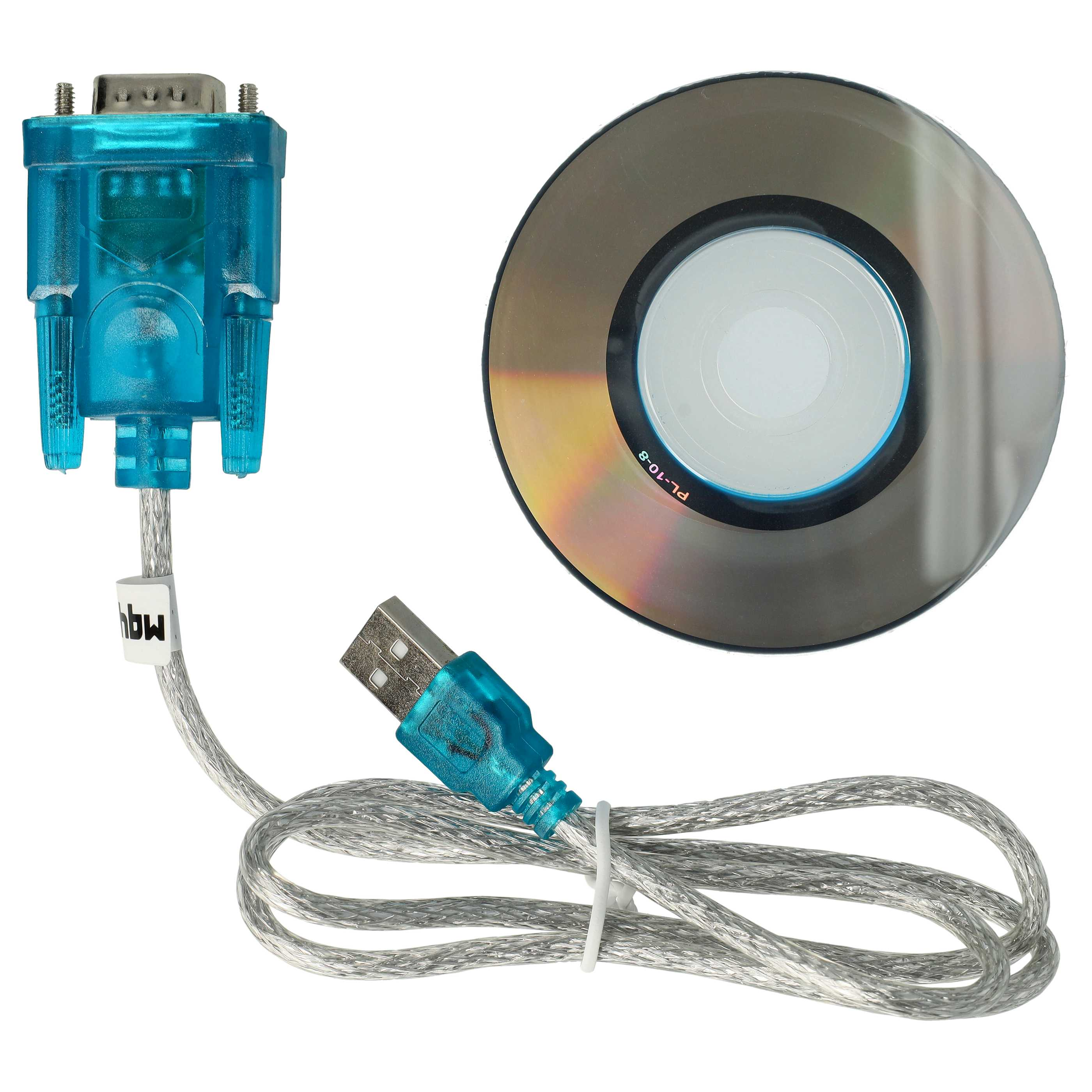 Ein blauer USB-zu-Seriell-Adapter, ein silbernes Kabel und eine CD-ROM auf weißem Hintergrund.