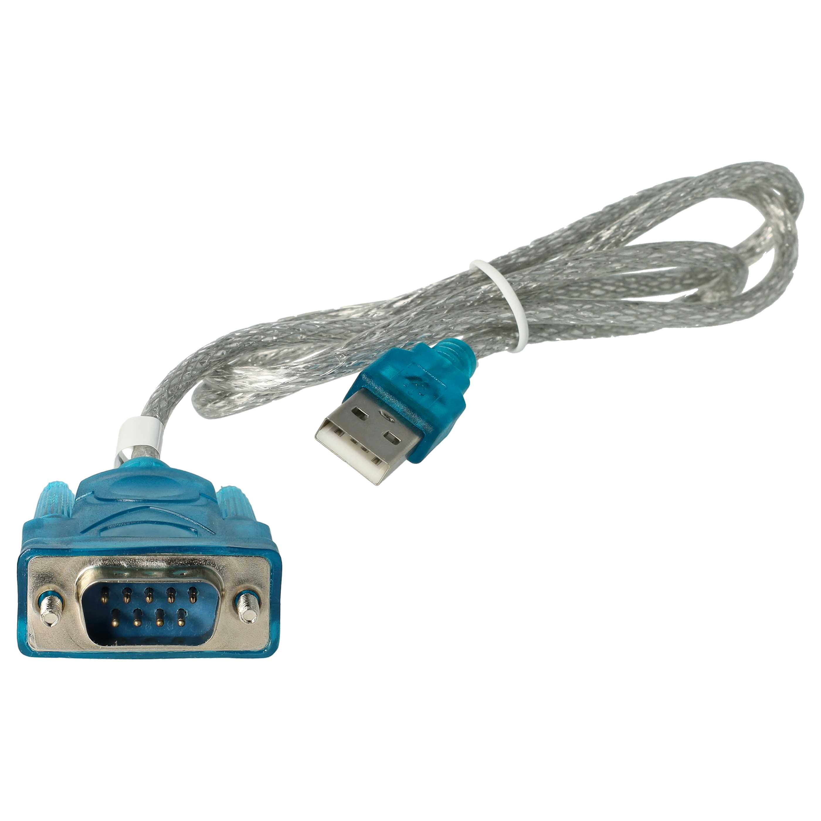 Blaues USB-zu-VGA-Kabel auf weißem Hintergrund. Das Kabel ist silberfarben. Die Anschlüsse sind blau.